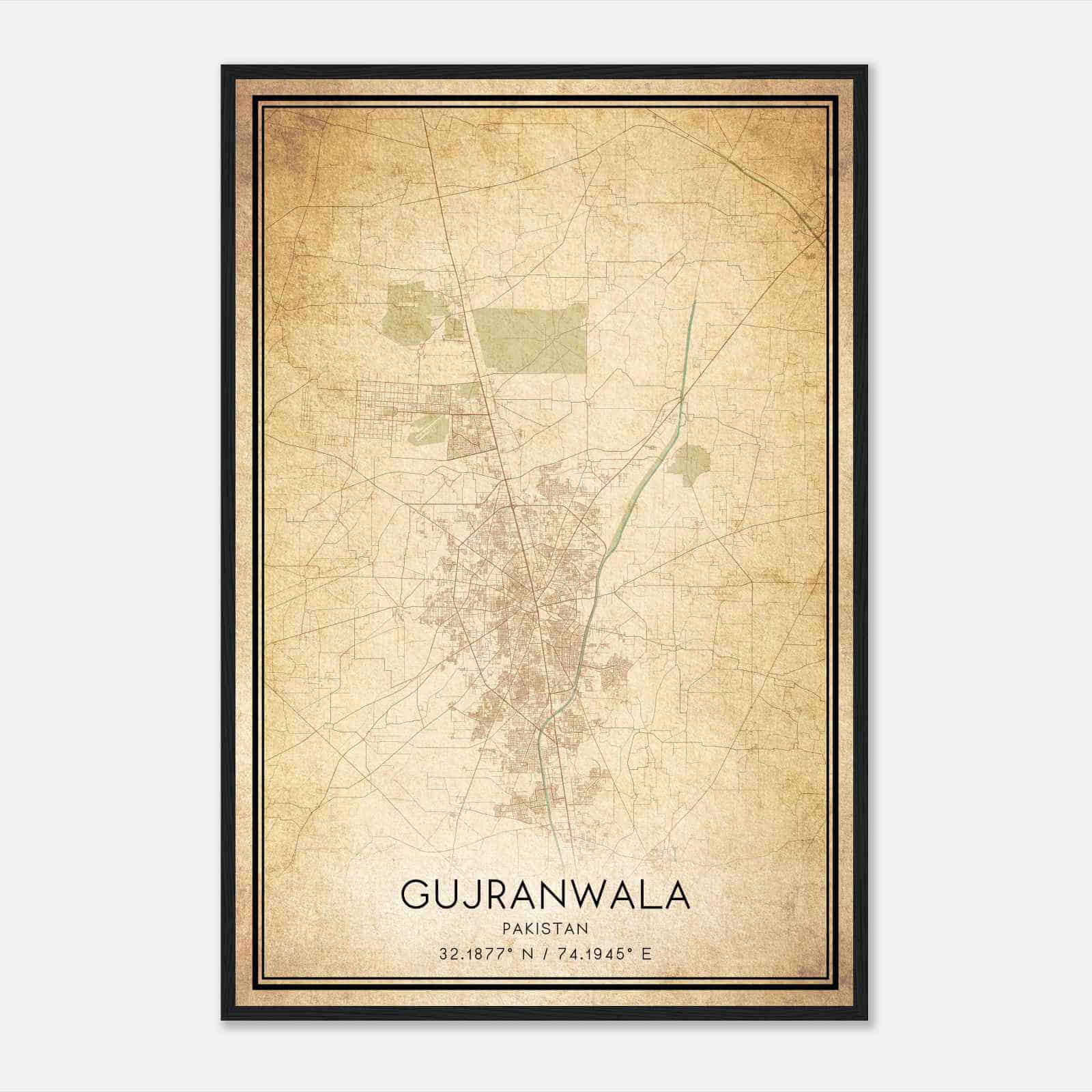 Vintage Gujranwala Pakistan Map Poster, Gujranwala City Road Wall Art Print
