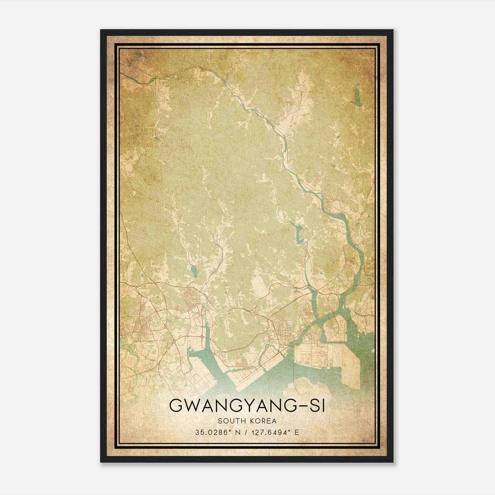 Vintage Gwangyangsi South Korea Map Poster, Gwangyangsi City Road Wall Art Print