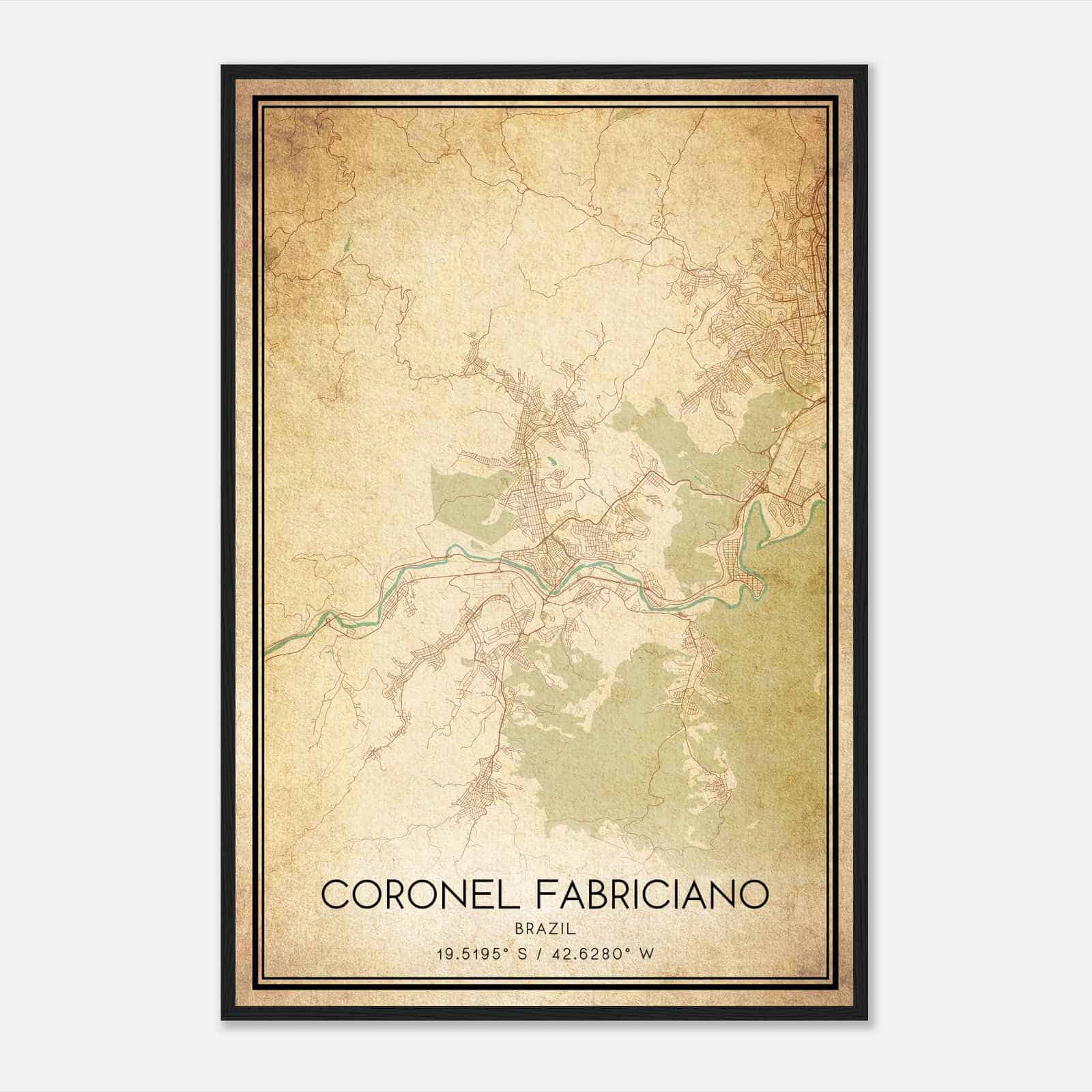 Vintage Coronel Fabriciano Brazil Map Poster, Coronel Fabriciano City Road Wall Art Print