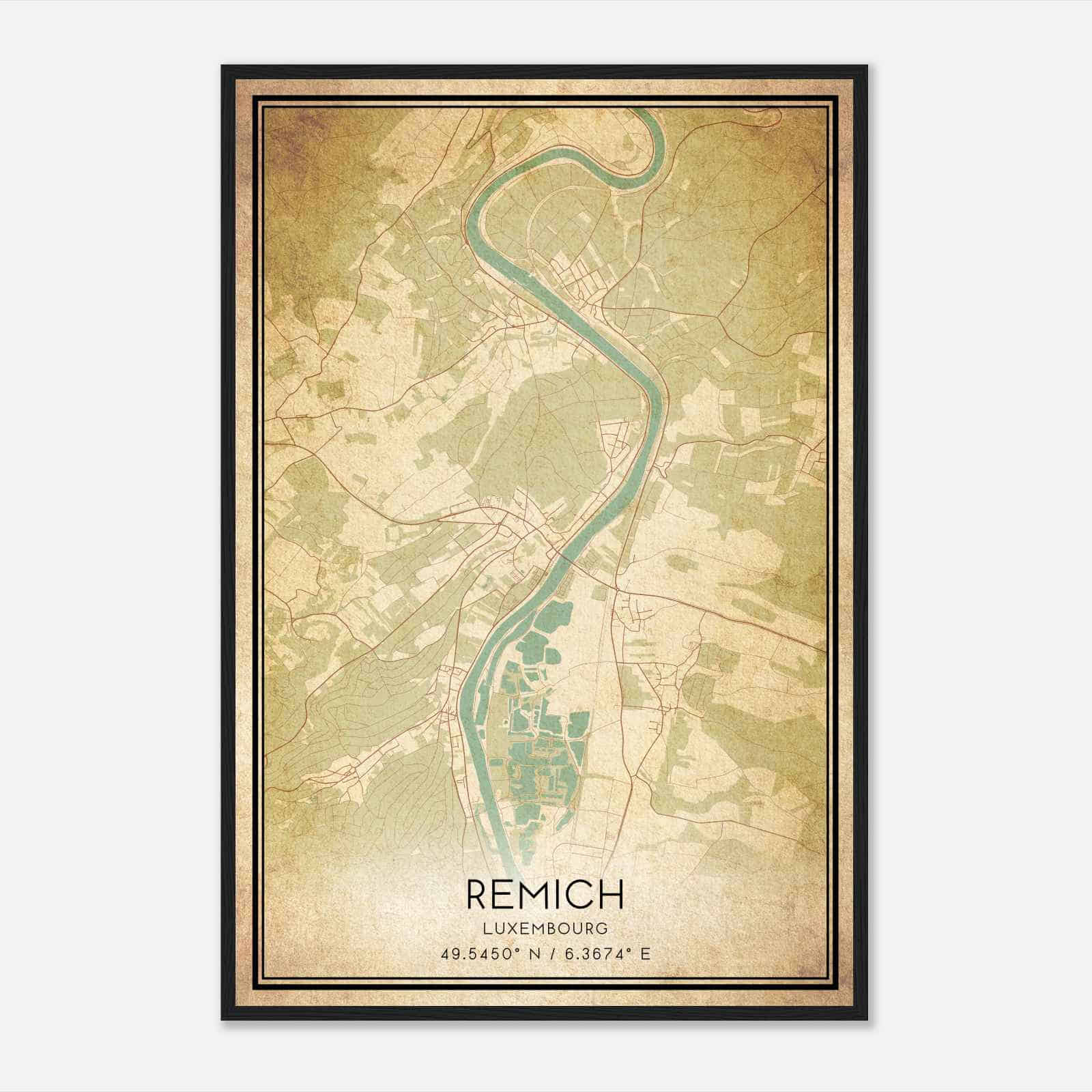 Vintage Remich Luxembourg Map Poster, Remich City Road Wall Art Print