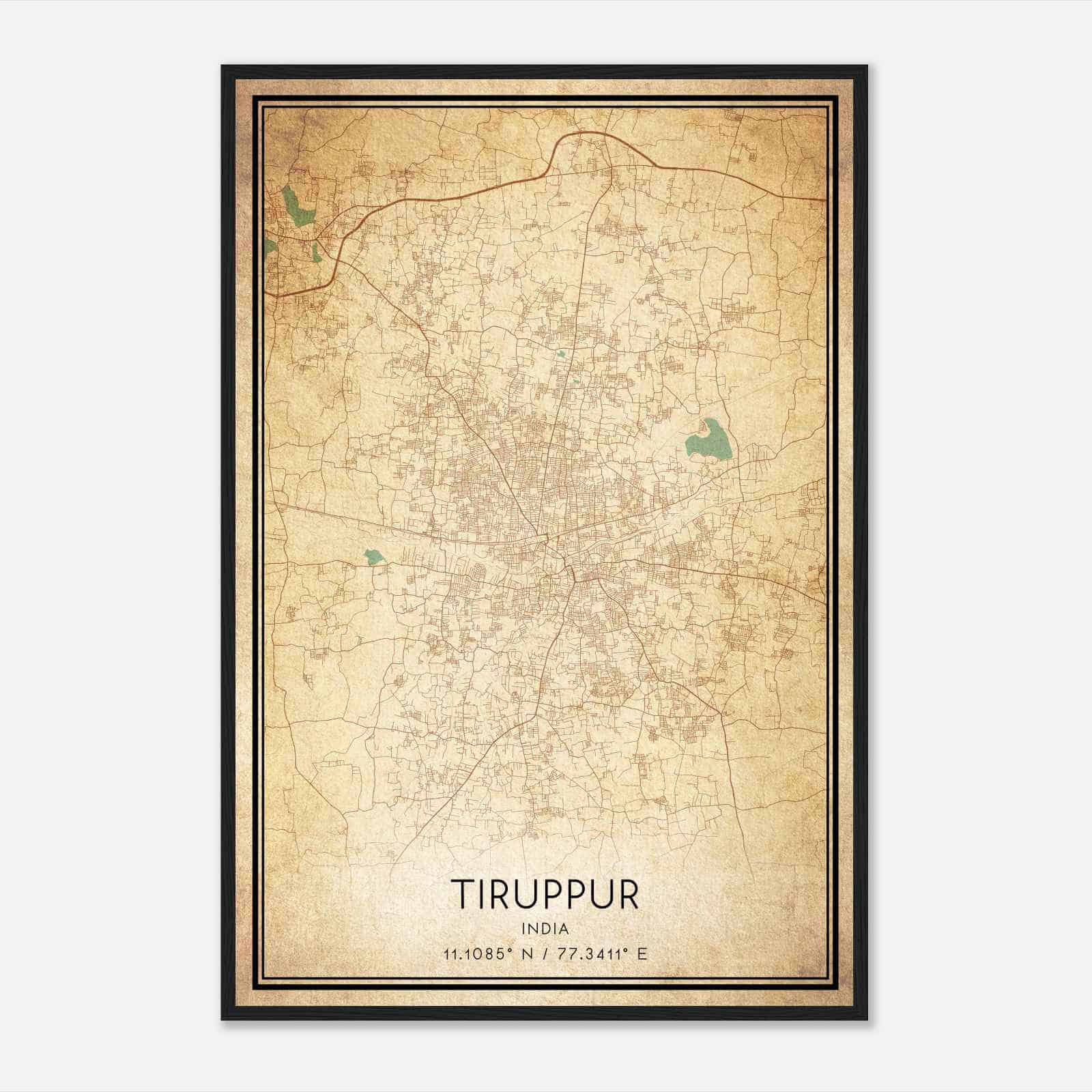 Vintage Tiruppur India Map Poster, Tiruppur City Road Wall Art Print