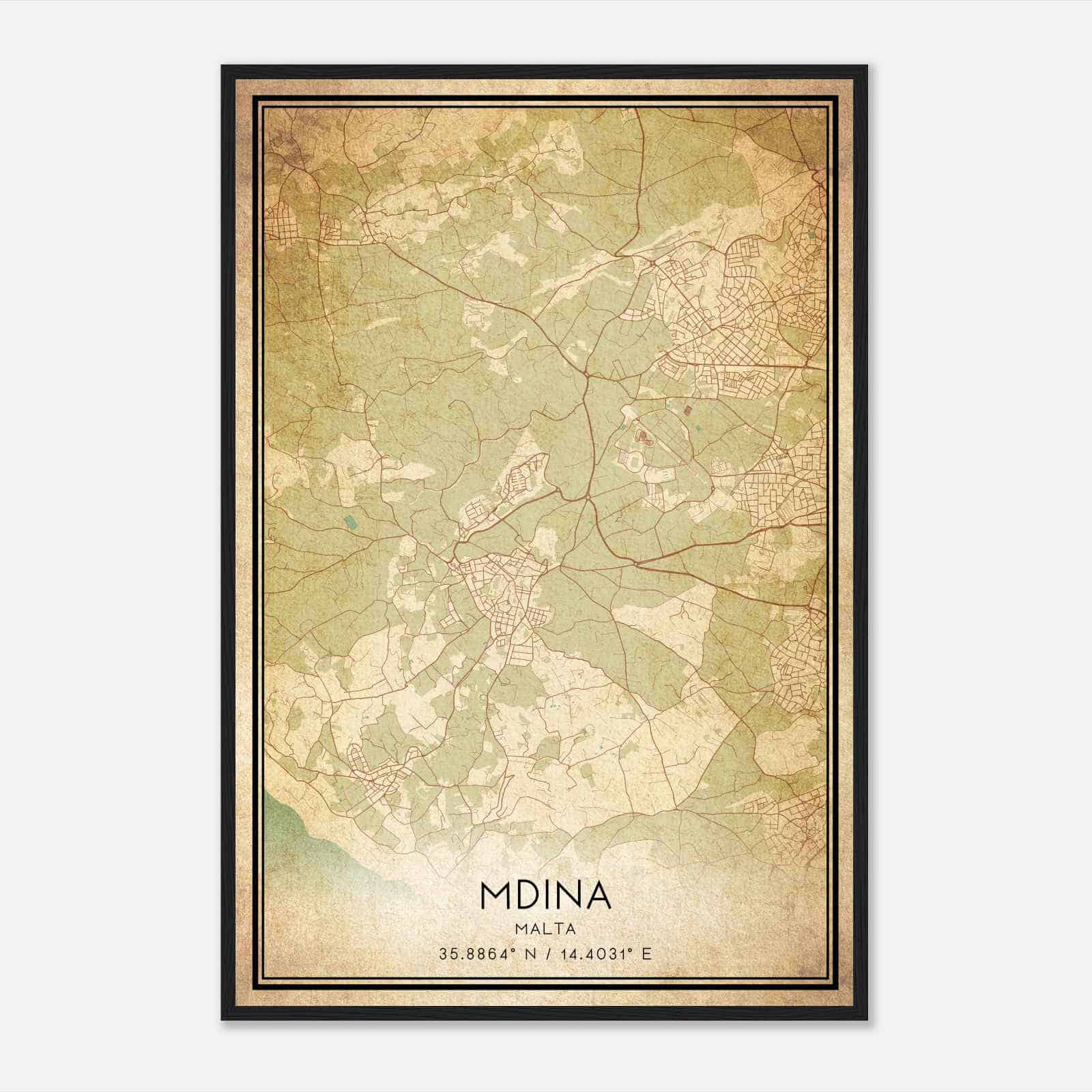 Vintage Mdina Malta Map Poster, Mdina City Road Wall Art Print