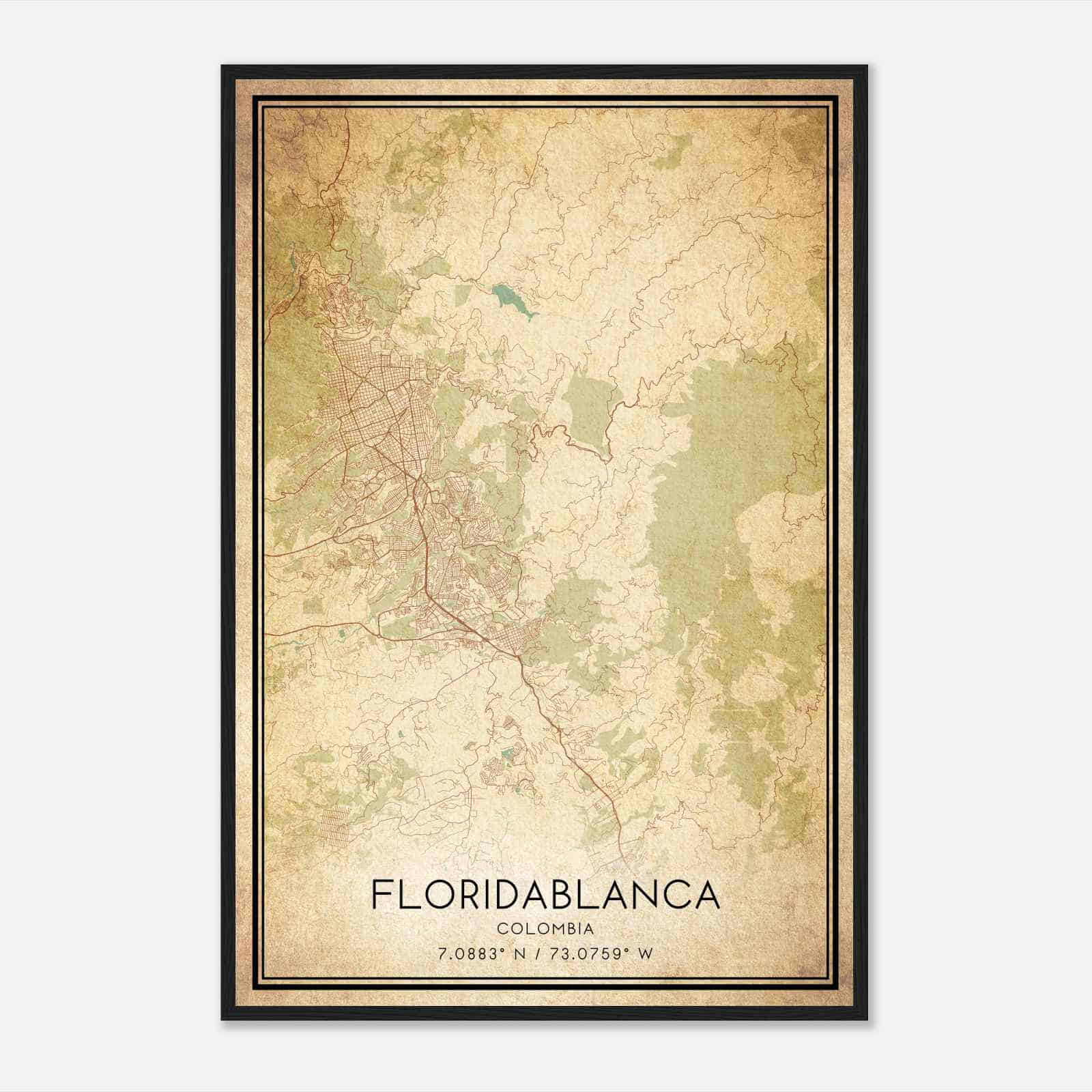 Vintage Floridablanca Colombia Map Poster, Floridablanca City Road Wall Art Print