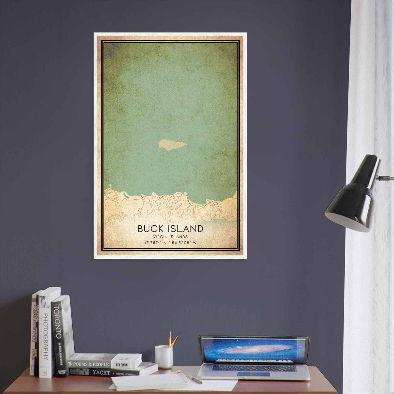 Vintage Buck Island Virgin Islands Map Poster, Buck Island City Road Wall Art Print