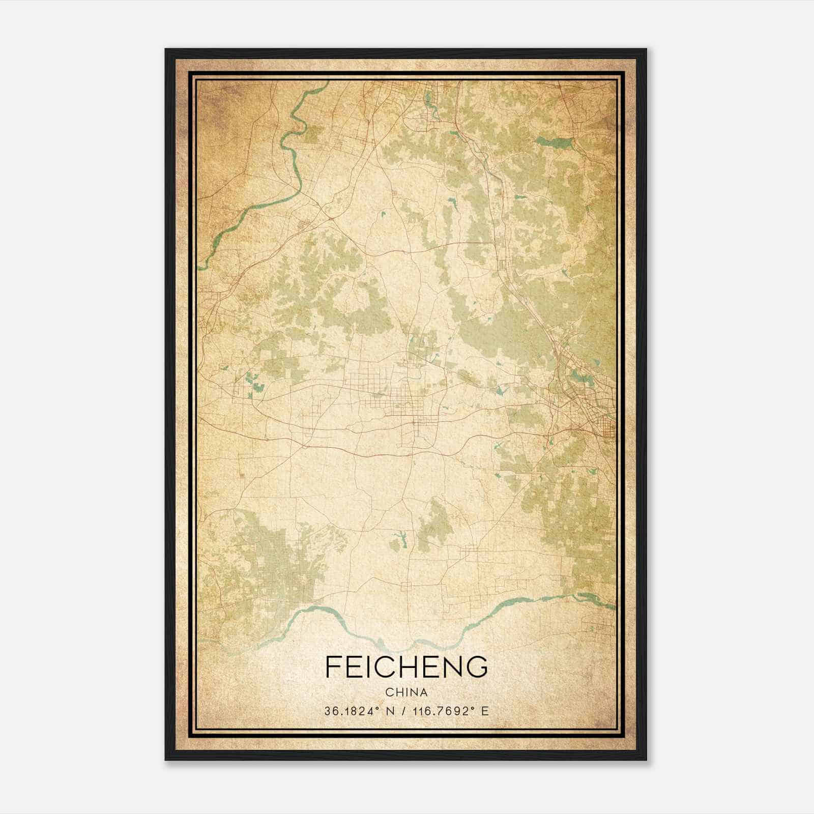 Vintage Feicheng China Map Poster, Feicheng City Road Wall Art Print
