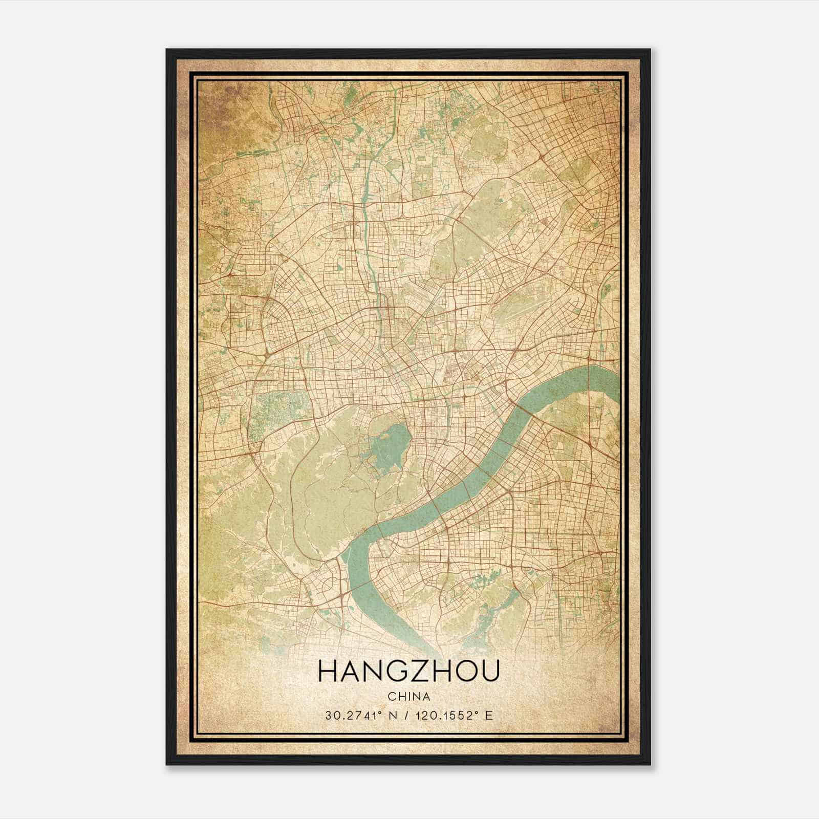 Vintage Hangzhou China Map Poster, Hangzhou City Road Wall Art Print