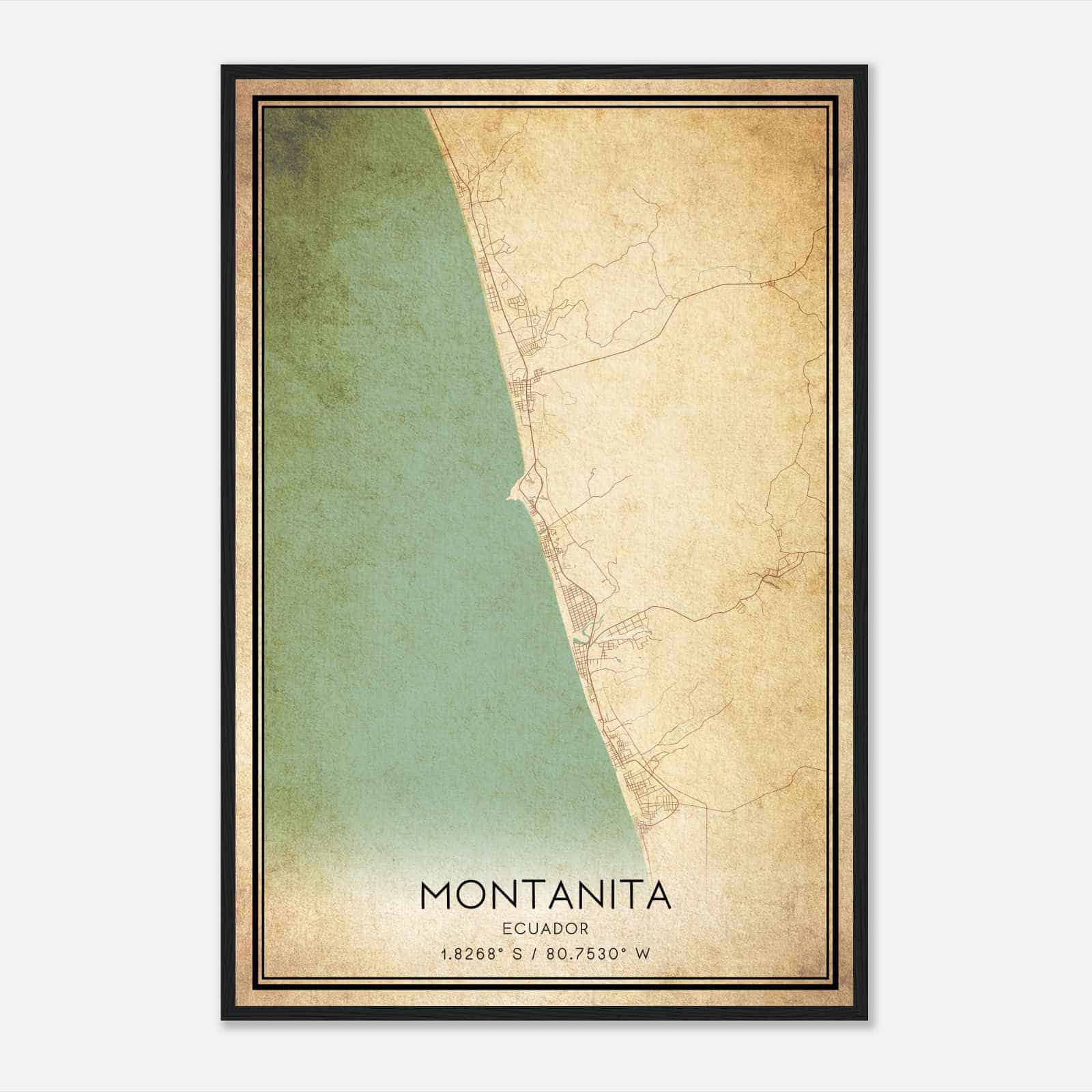 Vintage Montanita Ecuador Map Poster, Montanita City Road Wall Art Print