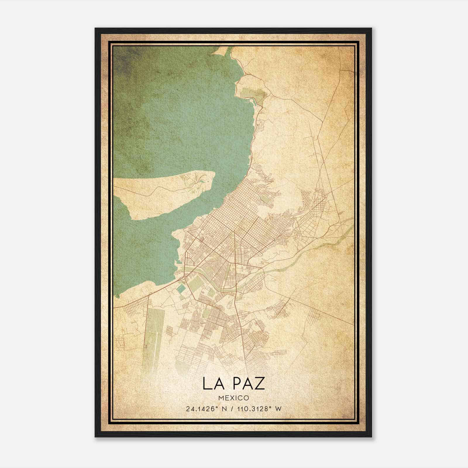 Vintage La Paz Mexico Map Poster, La Paz City Road Wall Art Print