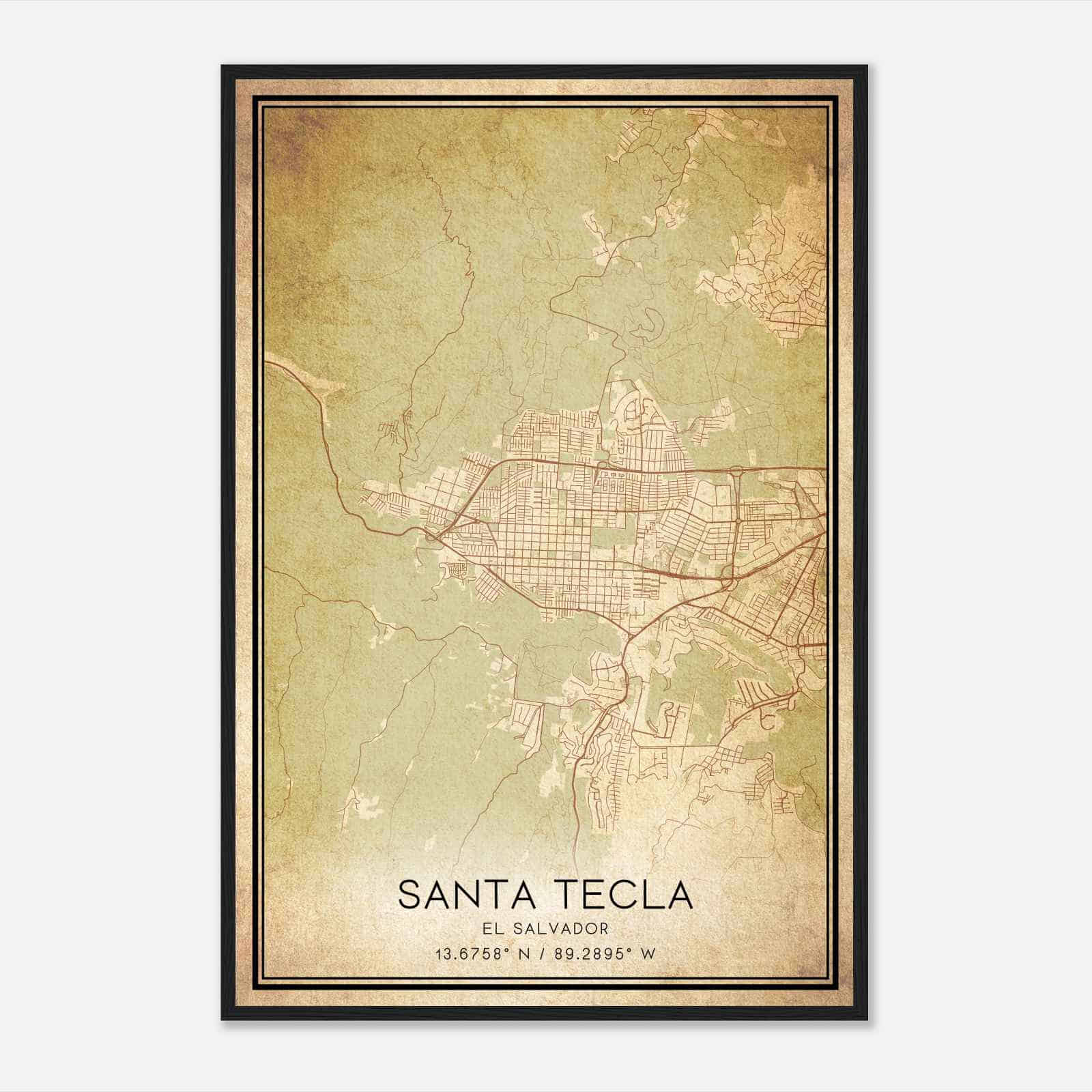 Vintage Santa Tecla El Salvador Map Poster, Santa Tecla City Road Wall Art Print