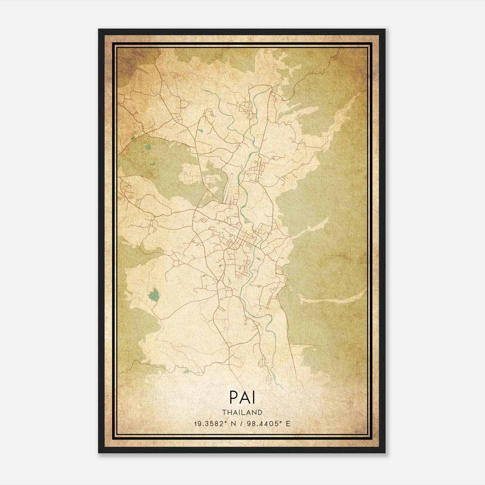 Vintage Pai Thailand Map Poster, Pai City Road Wall Art Print
