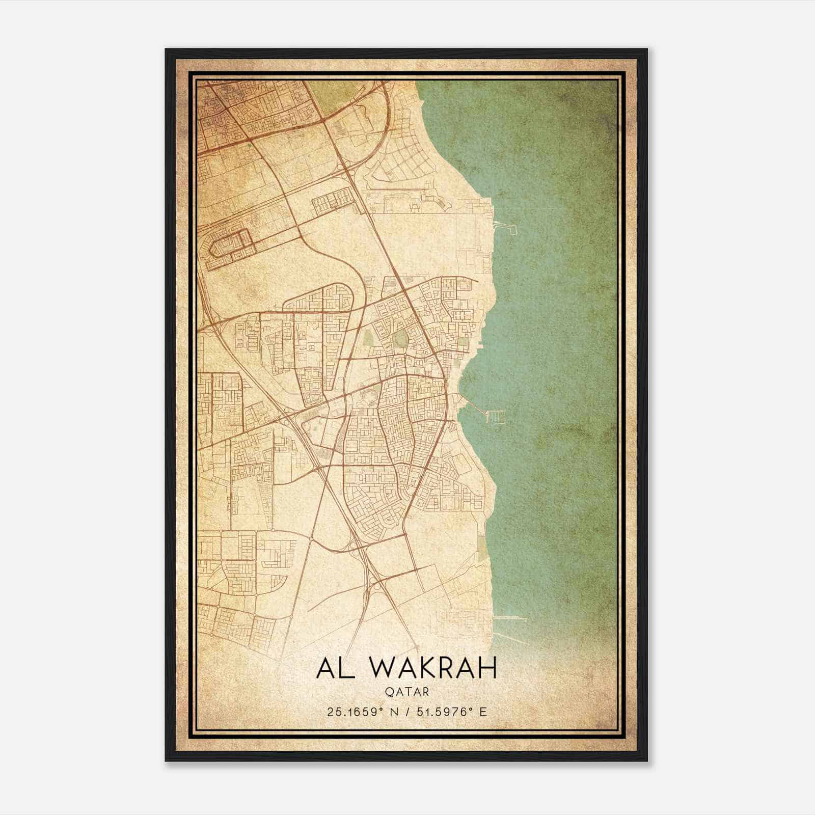 Vintage Al Wakrah Qatar Map Poster, Al Wakrah City Road Wall Art Print