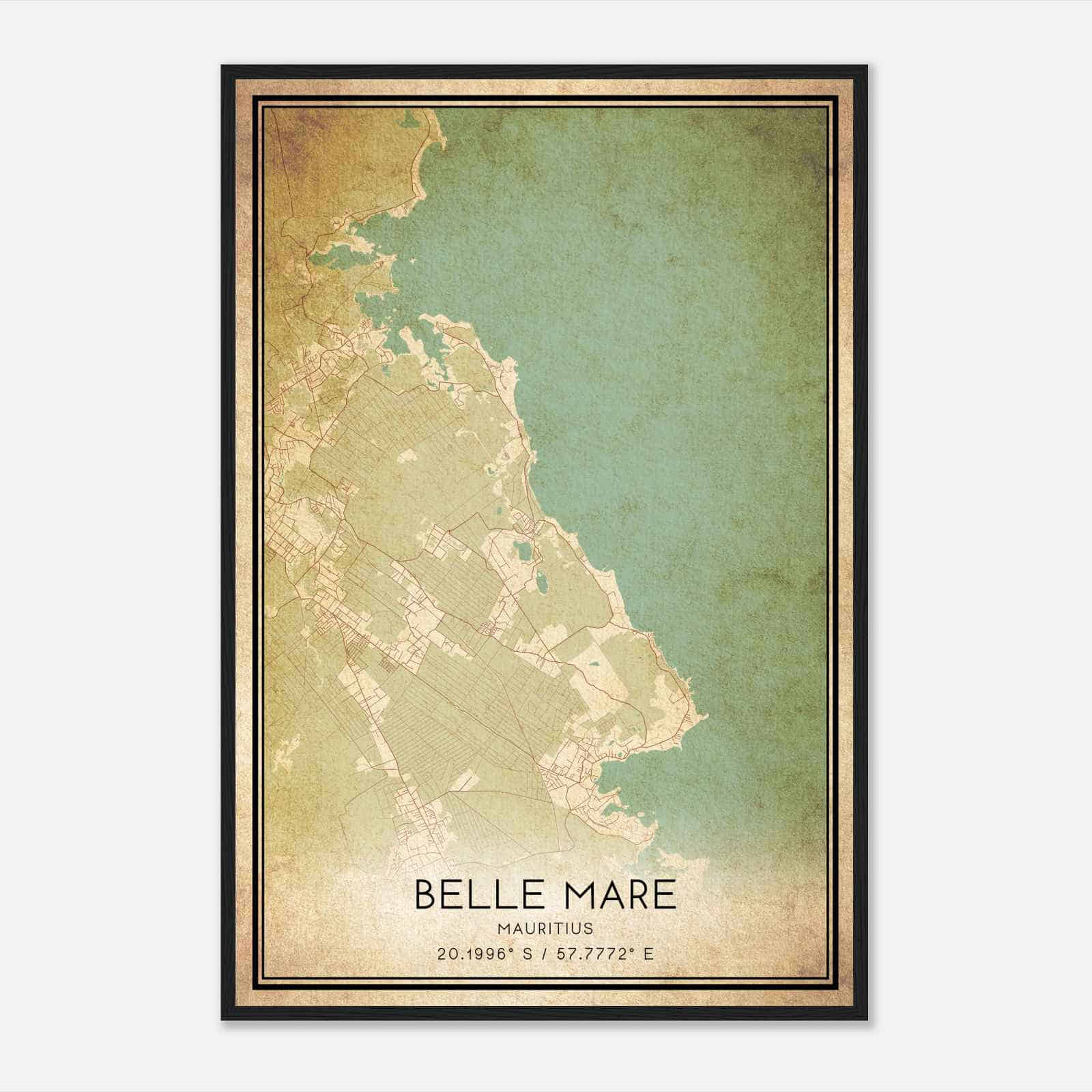 Vintage Belle Mare Mauritius Map Poster, Belle Mare City Road Wall Art Print
