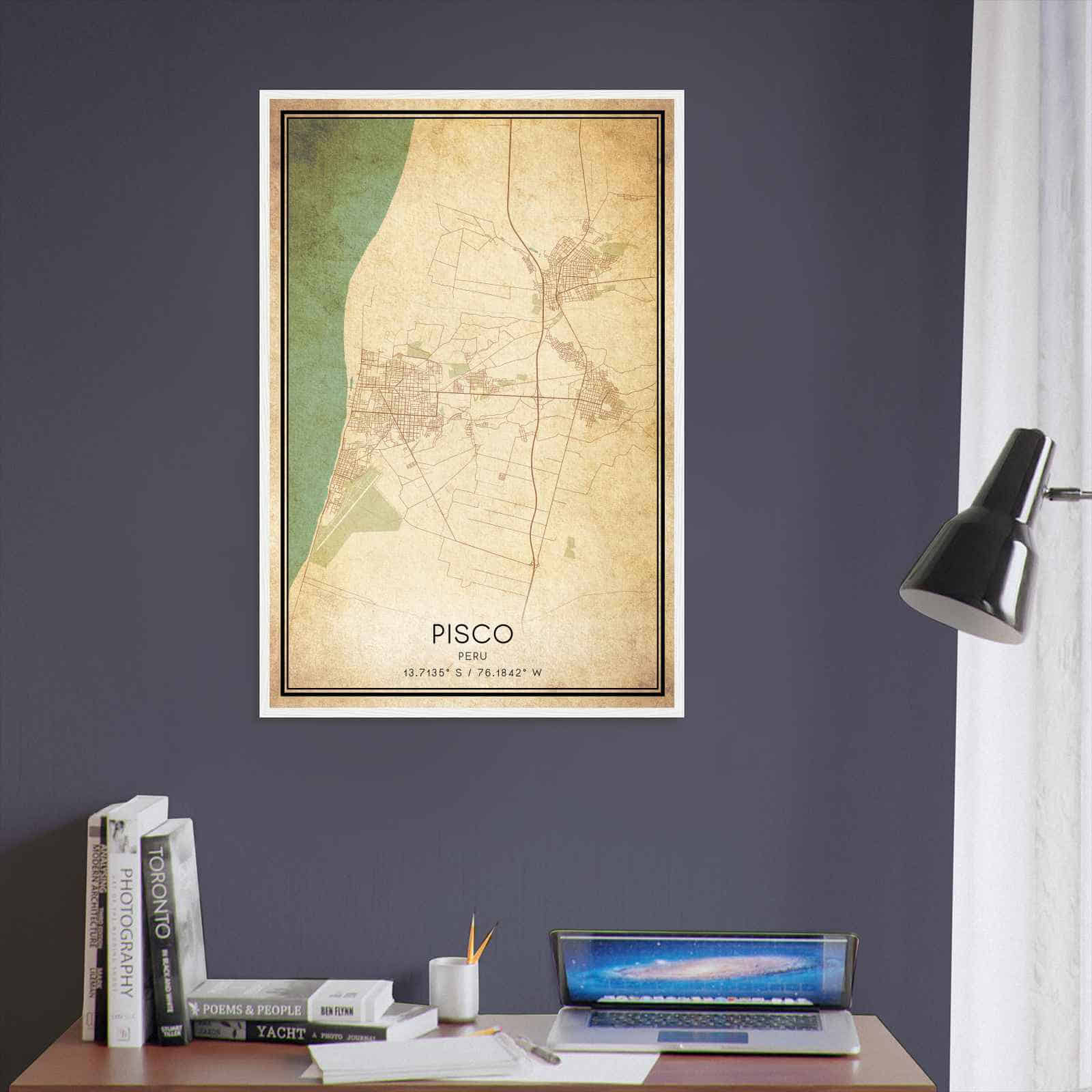 Vintage Pisco Peru Map Poster, Pisco City Road Wall Art Print