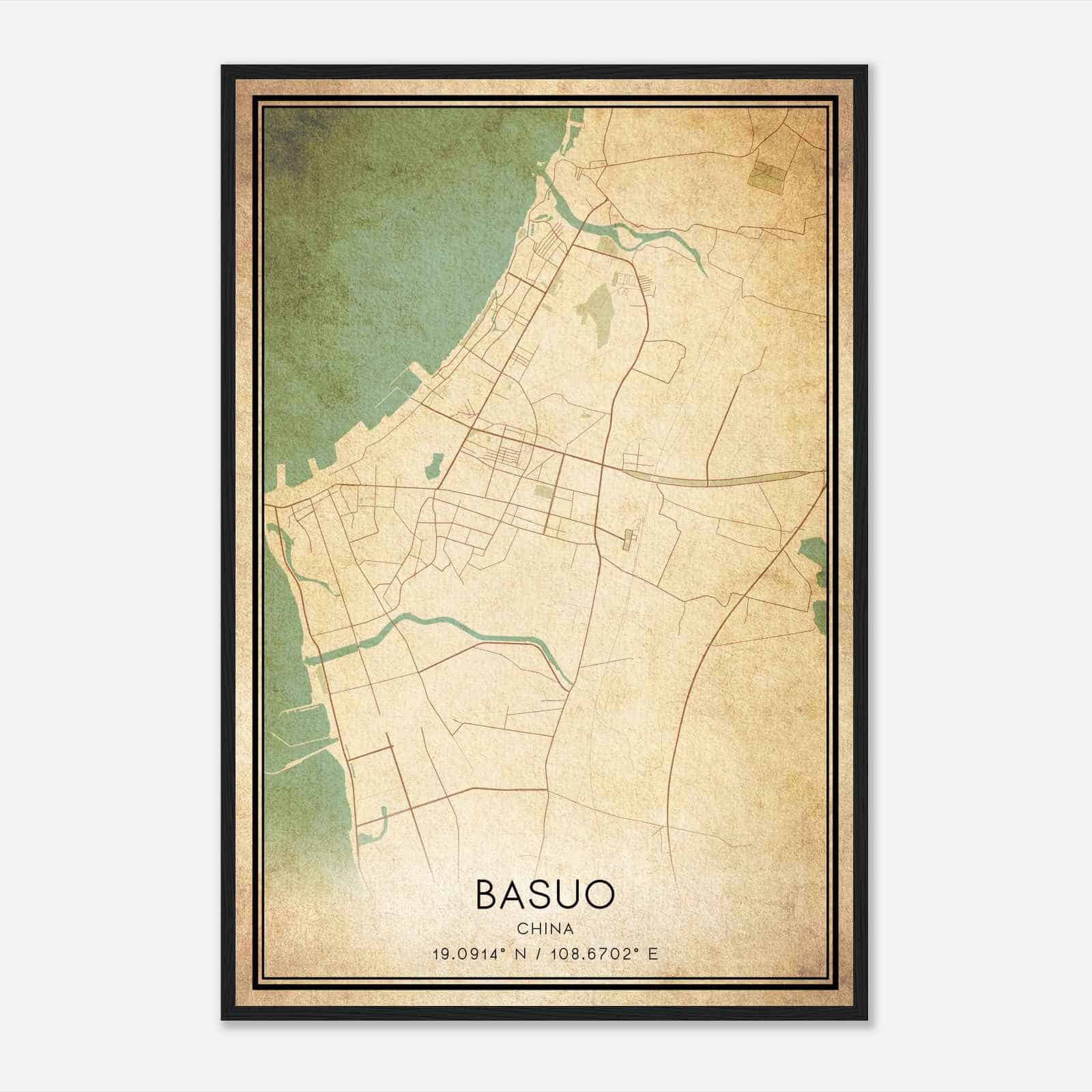 Vintage Basuo China Map Poster, Basuo City Road Wall Art Print