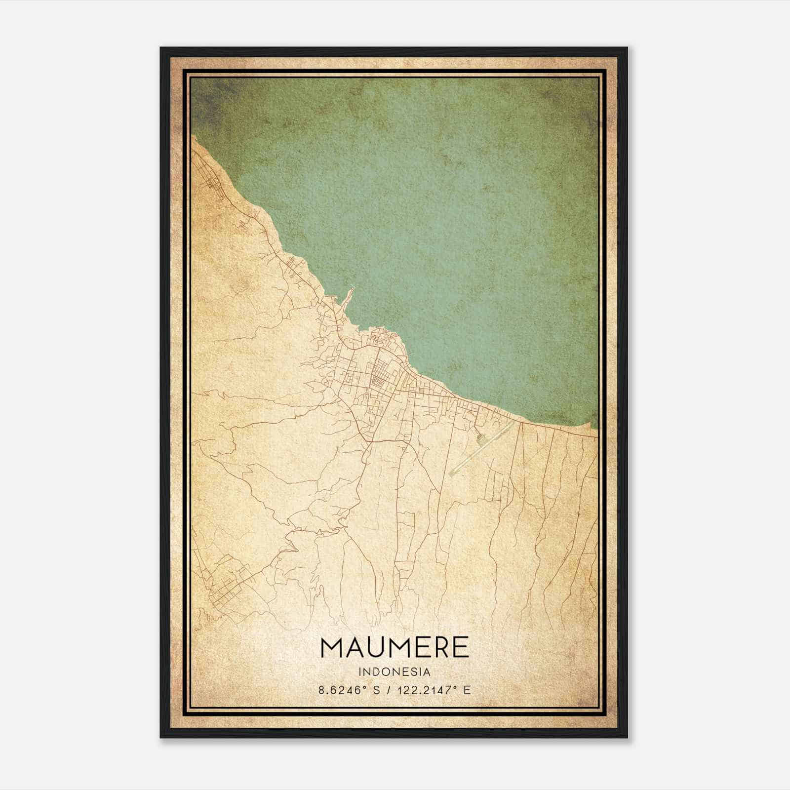 Vintage Maumere Indonesia Map Poster, Maumere City Road Wall Art Print