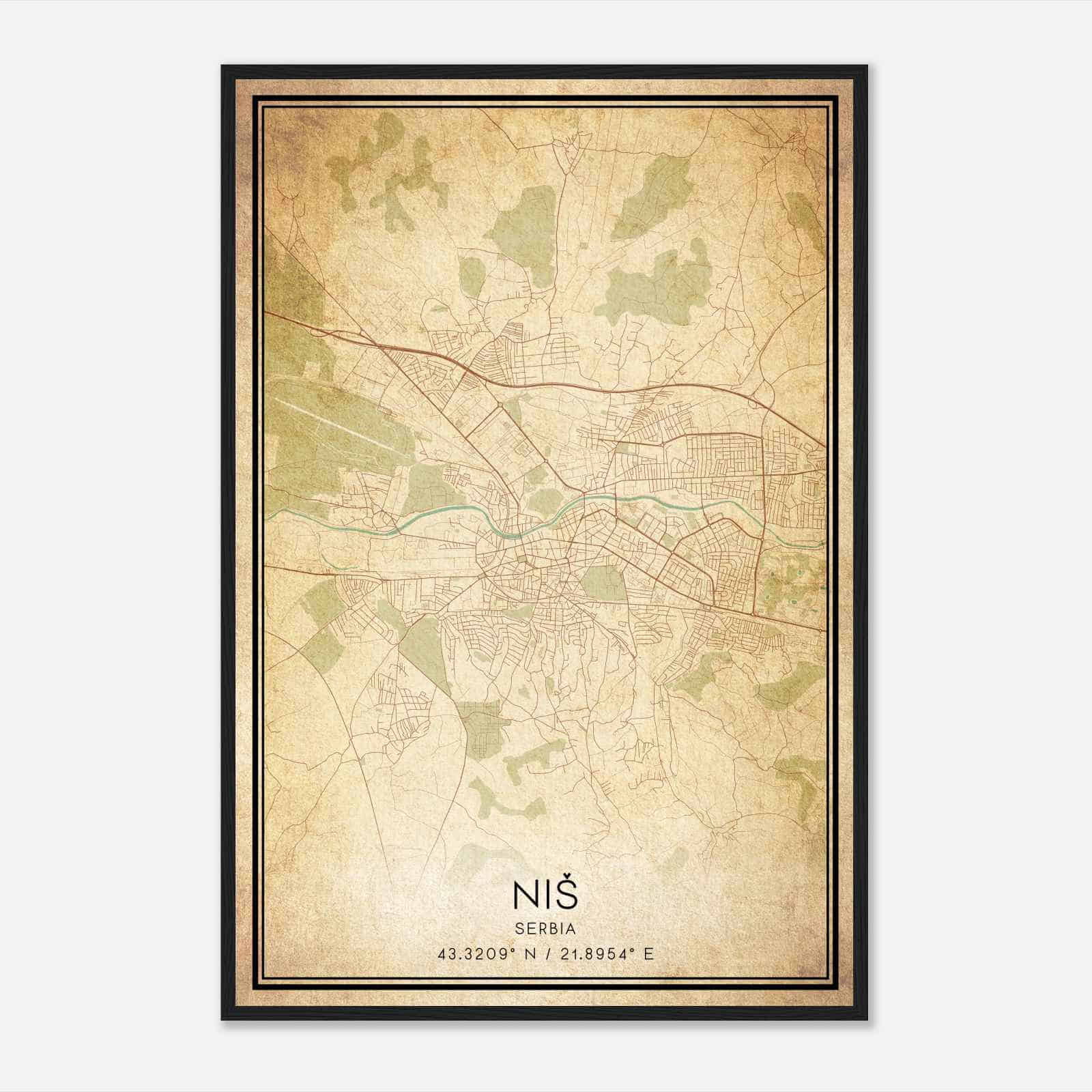 Vintage Nis Serbia Map Poster, Nis City Road Wall Art Print