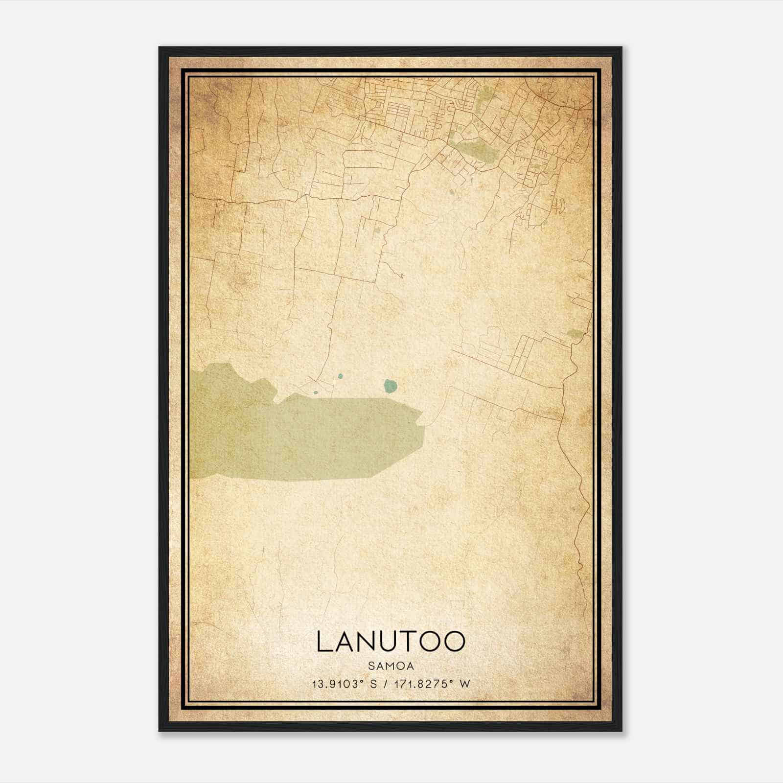 Vintage Lanutoo Samoa Map Poster, Lanutoo City Road Wall Art Print