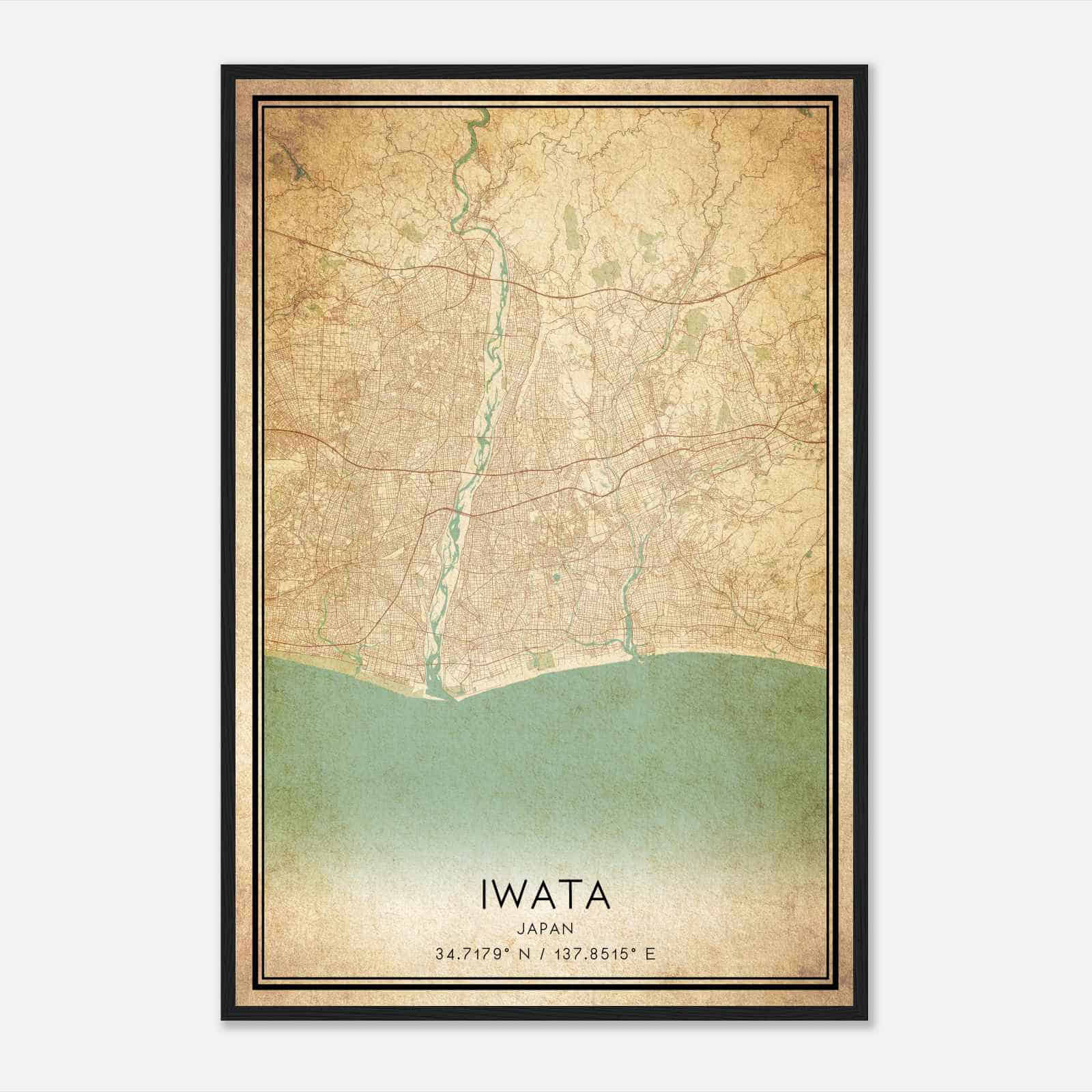 Vintage Iwata Japan Map Poster, Iwata City Road Wall Art Print