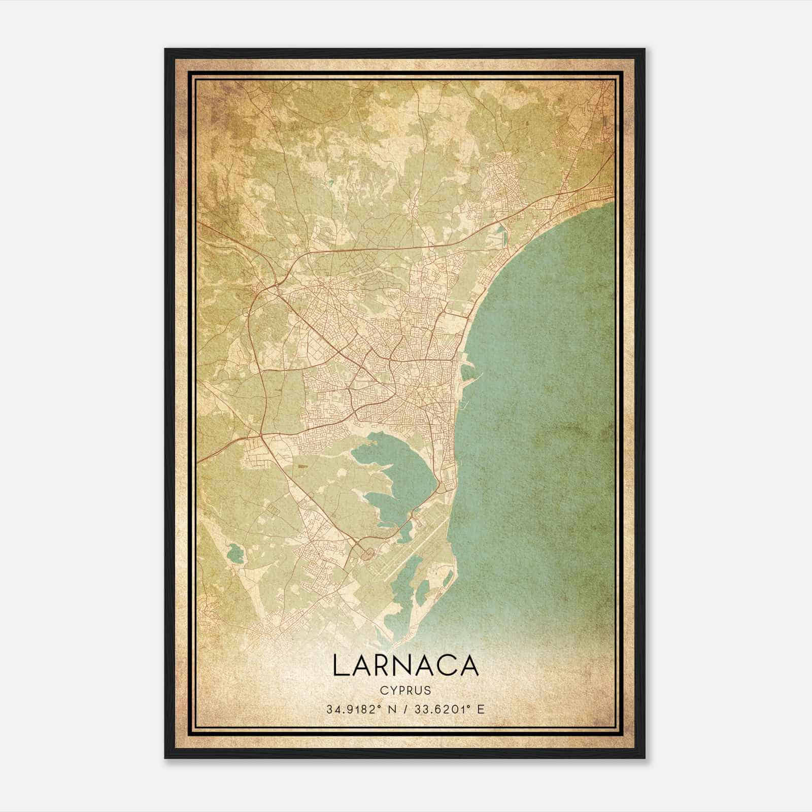 Vintage Larnaca Cyprus Map Poster, Larnaca City Road Wall Art Print