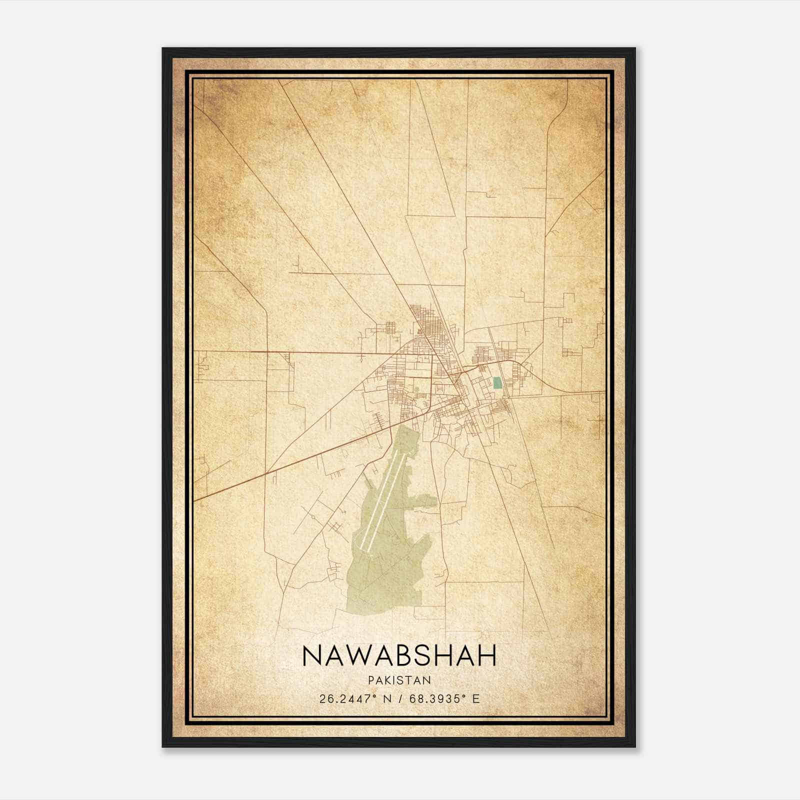 Vintage Nawabshah Pakistan Map Poster, Nawabshah City Road Wall Art Print
