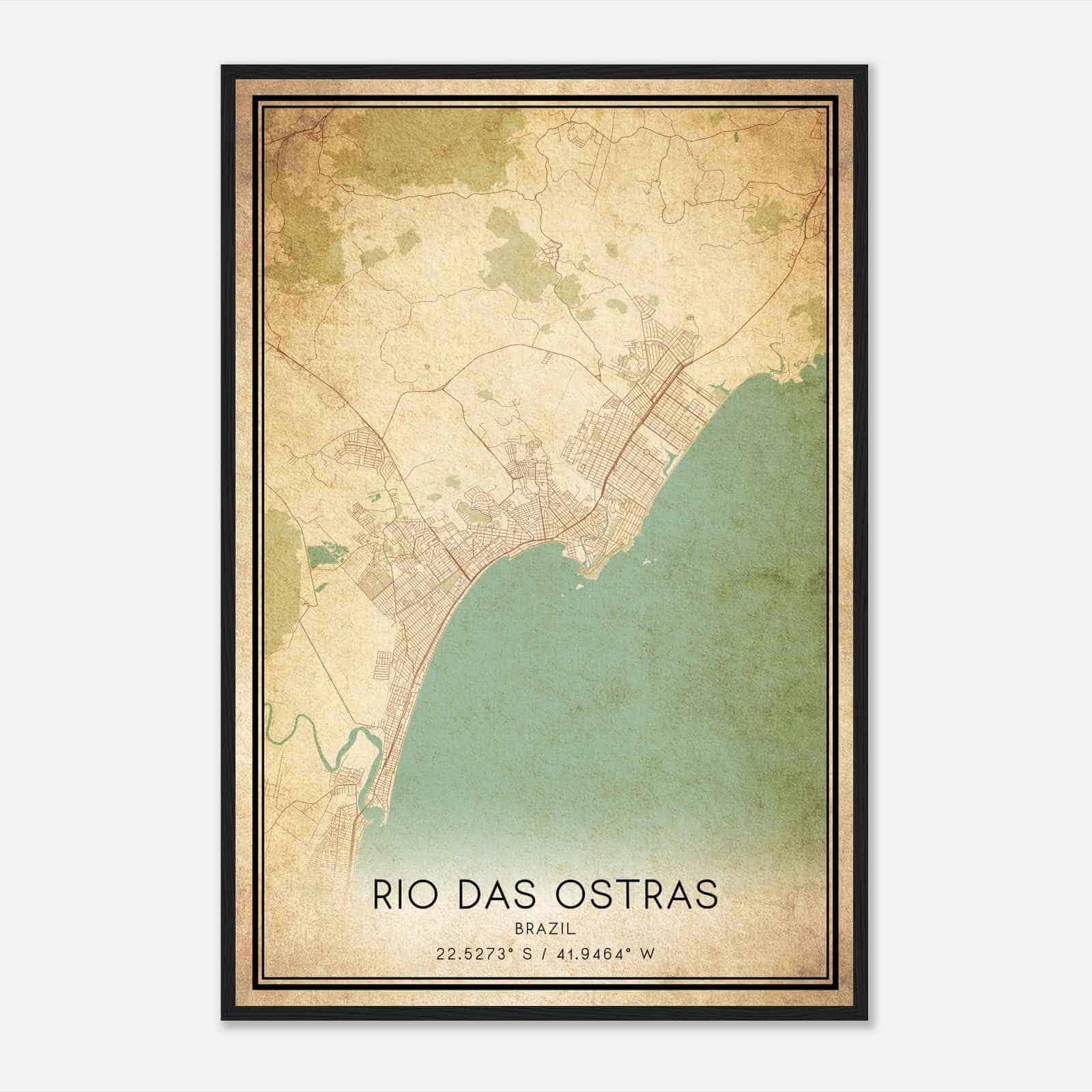 Vintage Rio das Ostras Brazil Map Poster, Rio das Ostras City Road Wall Art Print
