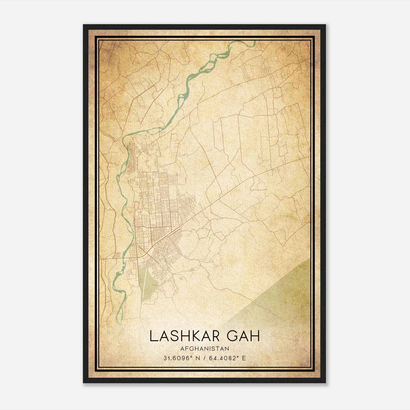 Vintage Lashkar Gah Afghanistan Map Poster, Lashkar Gah City Road Wall Art Print