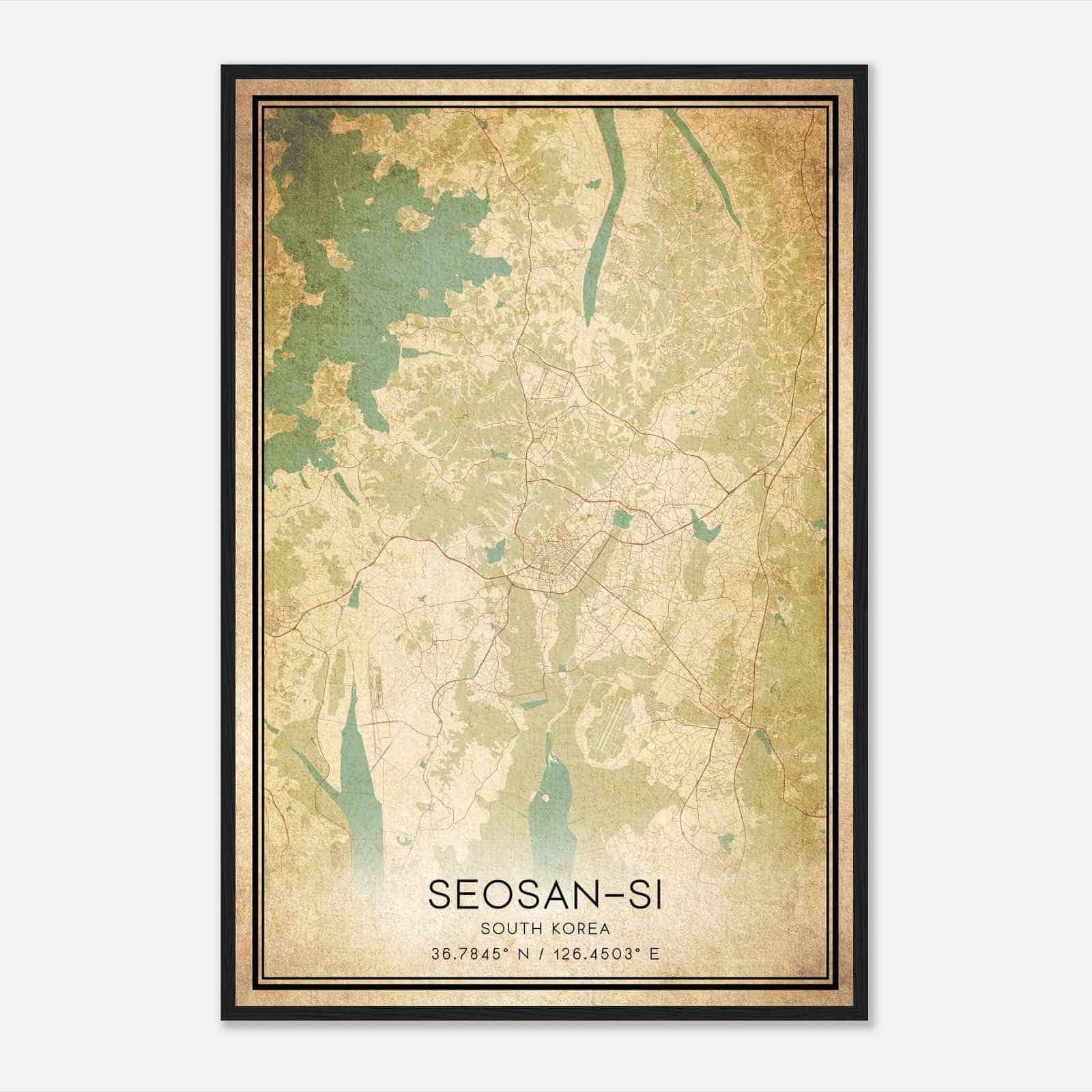Vintage Seosansi South Korea Map Poster, Seosansi City Road Wall Art Print