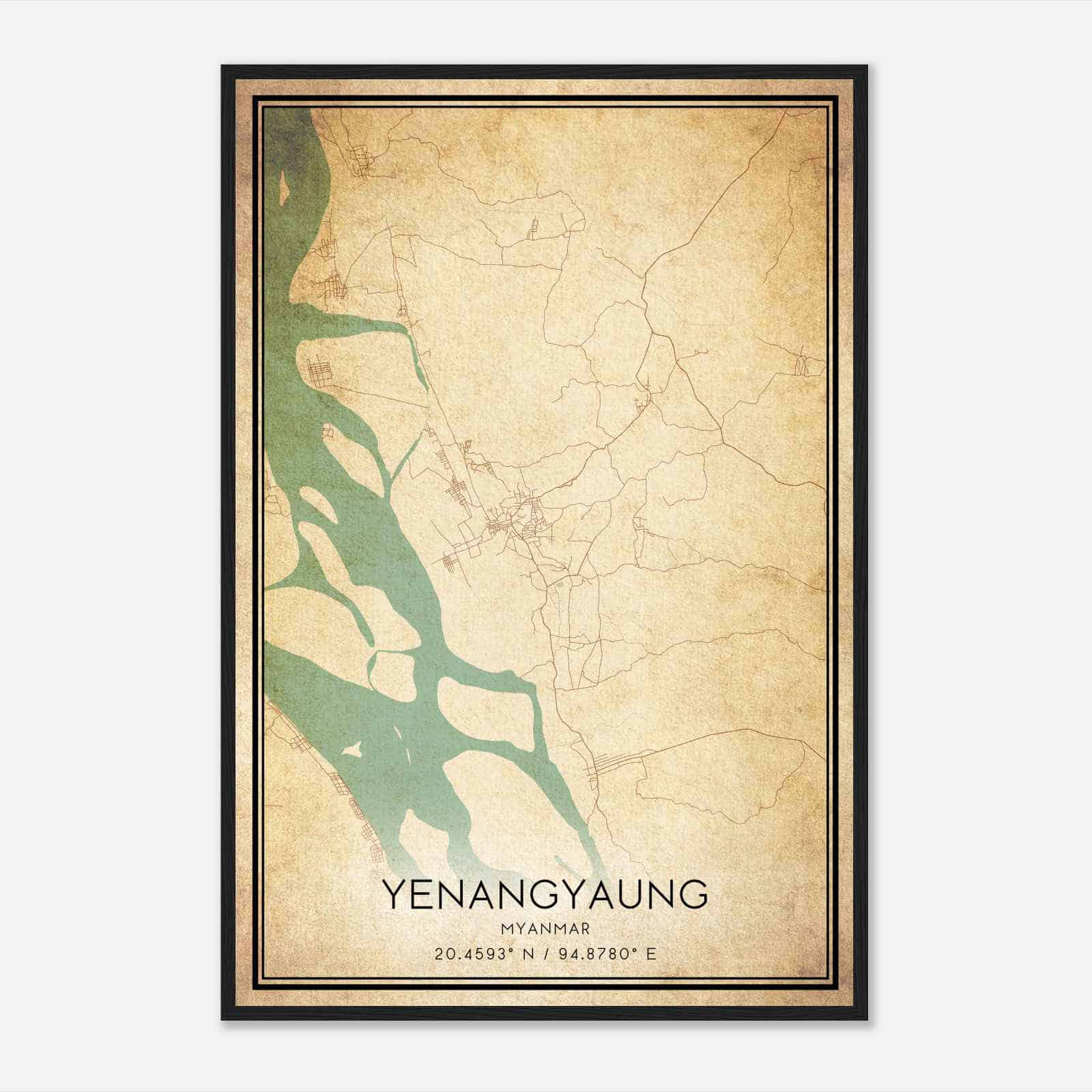 Vintage Yenangyaung Myanmar Map Poster, Yenangyaung City Road Wall Art Print