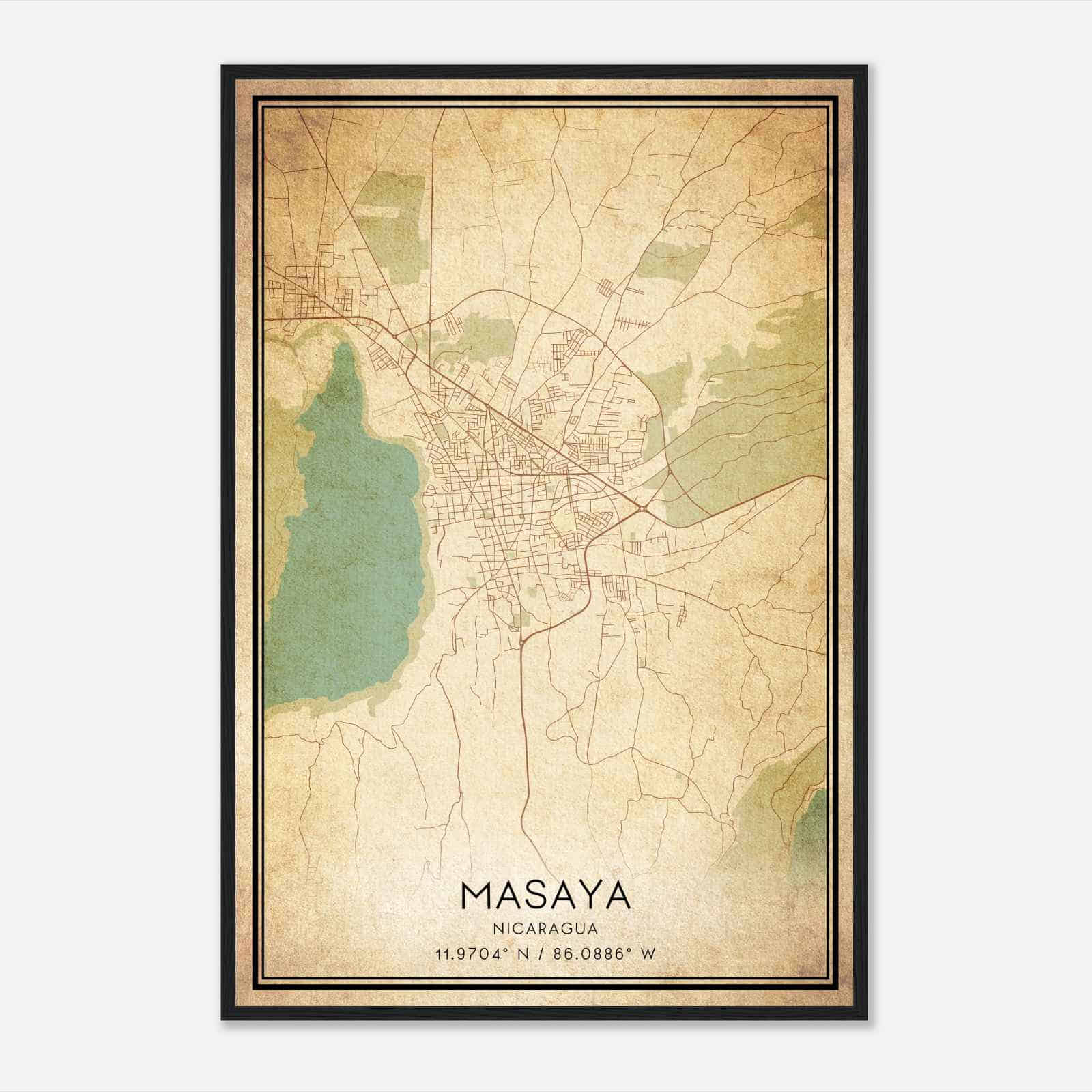 Vintage Masaya Nicaragua Map Poster, Masaya City Road Wall Art Print