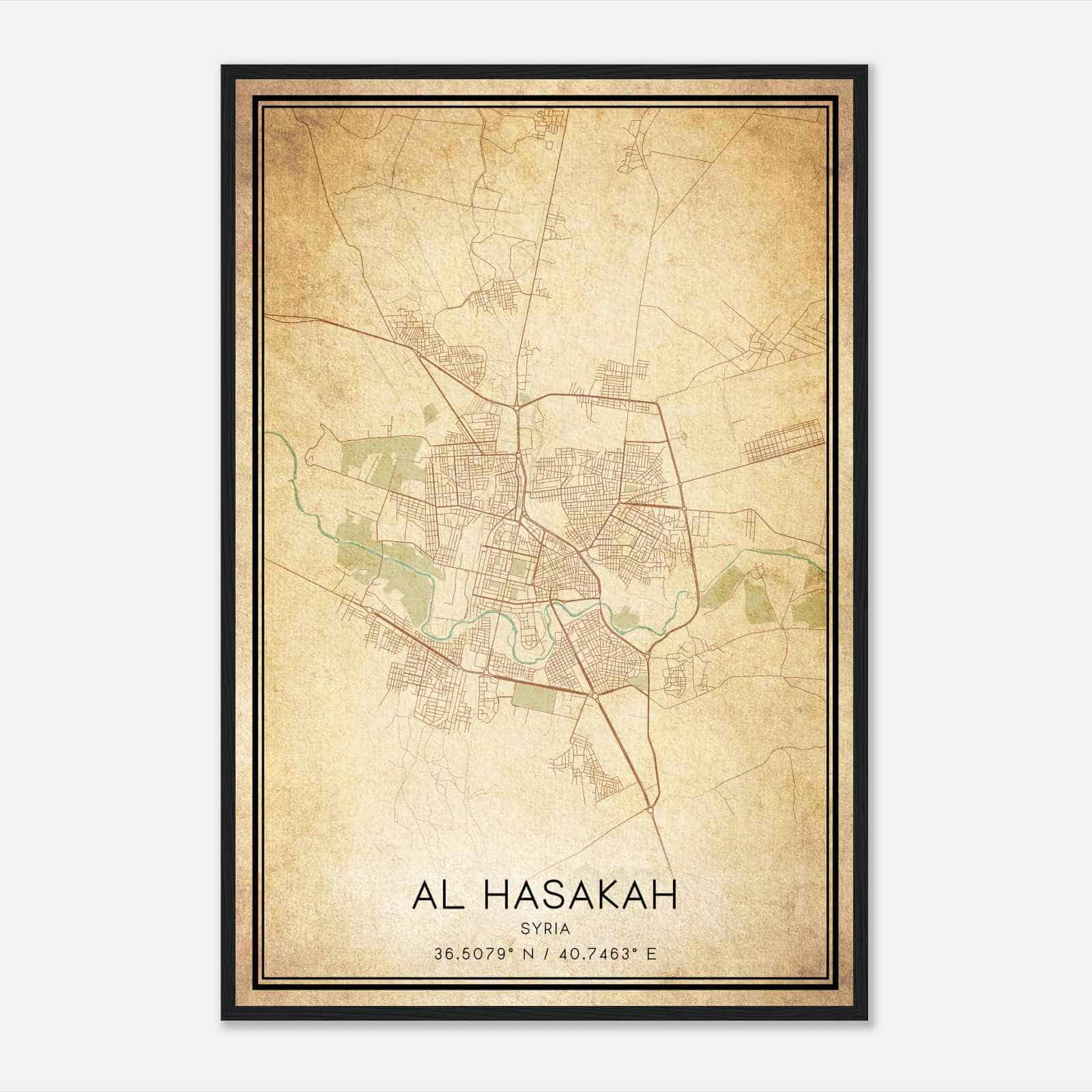 Vintage Al Hasakah Syria Map Poster, Al Hasakah City Road Wall Art Print