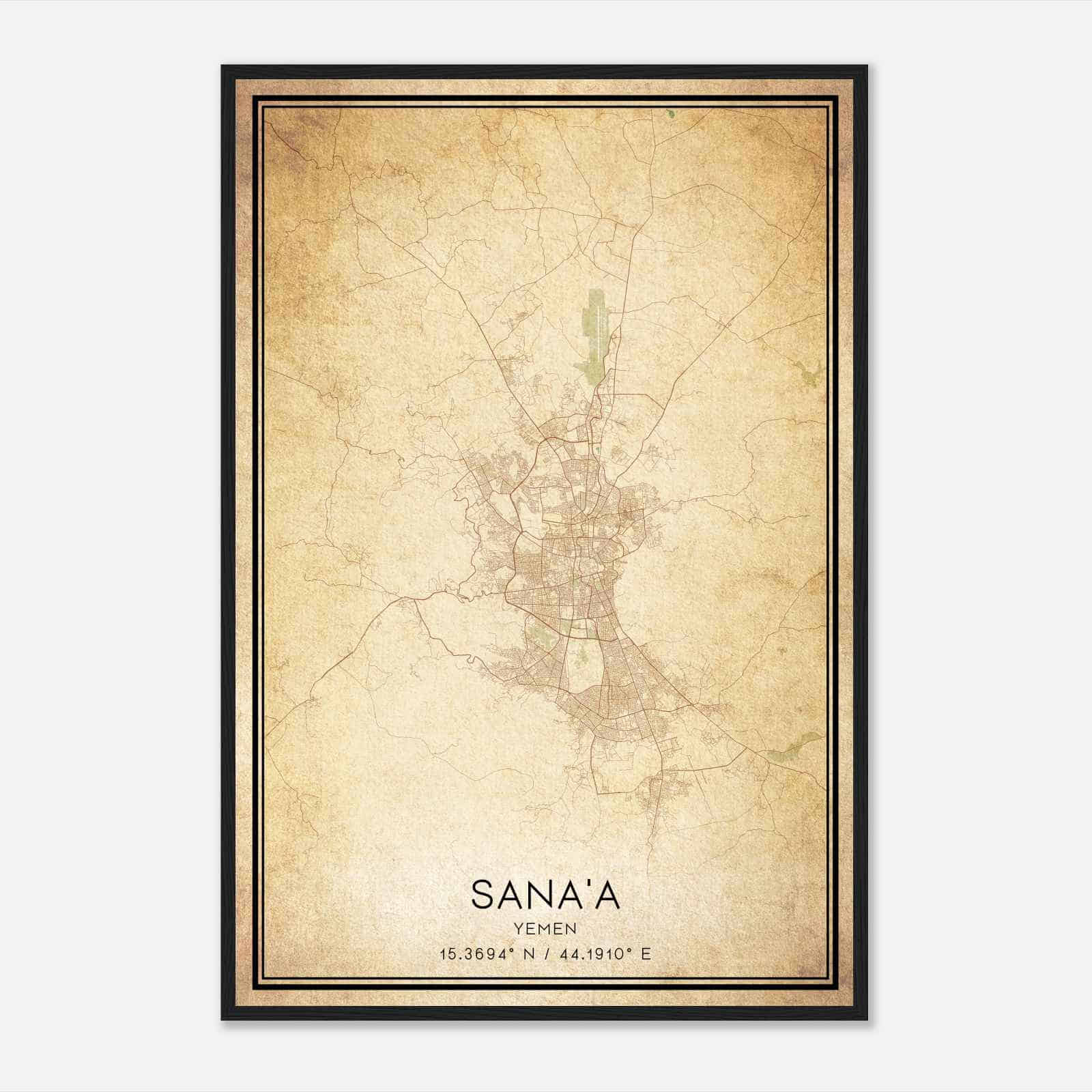 Vintage Sanaa Yemen Map Poster, Sanaa City Road Wall Art Print