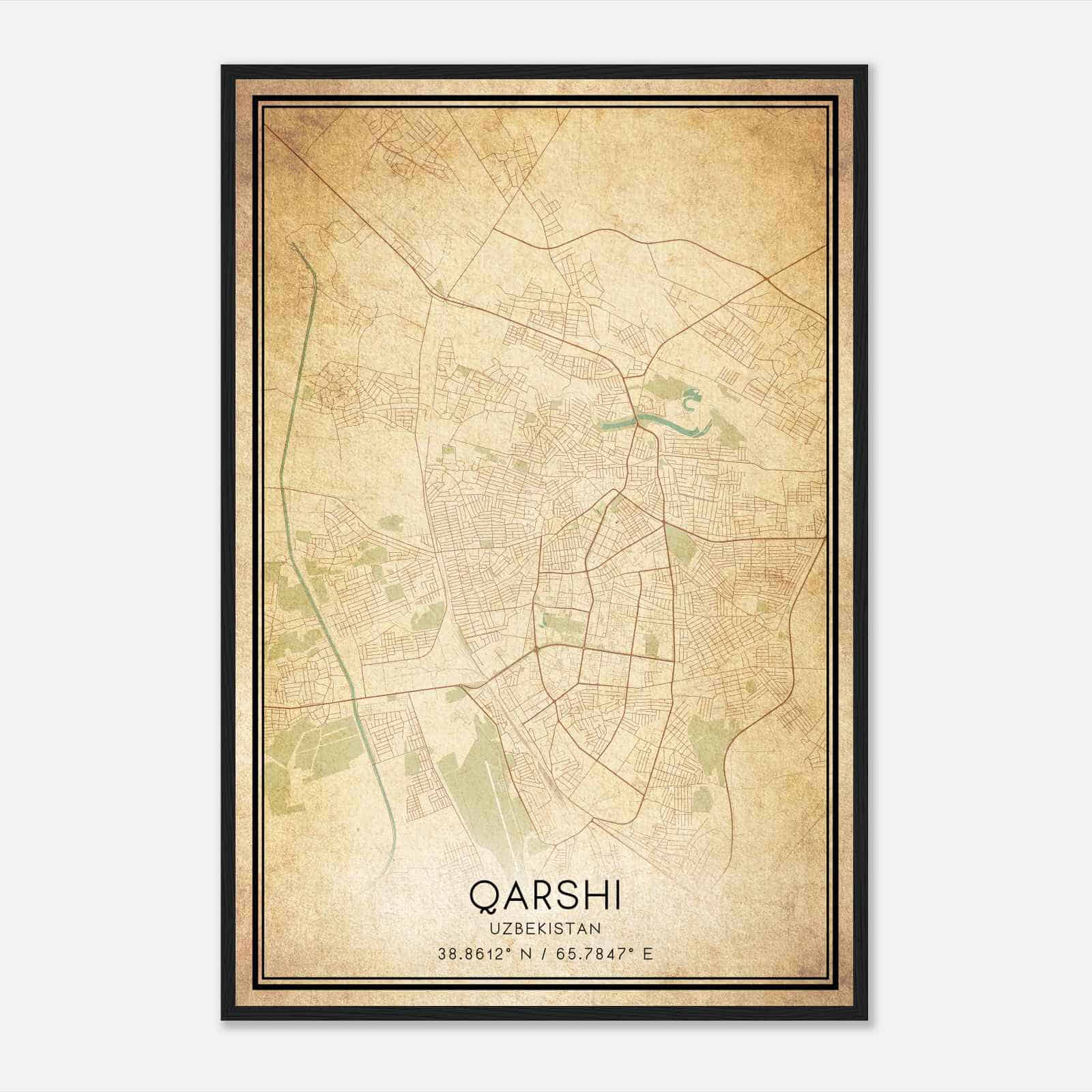 Vintage Qarshi Uzbekistan Map Poster, Qarshi City Road Wall Art Print