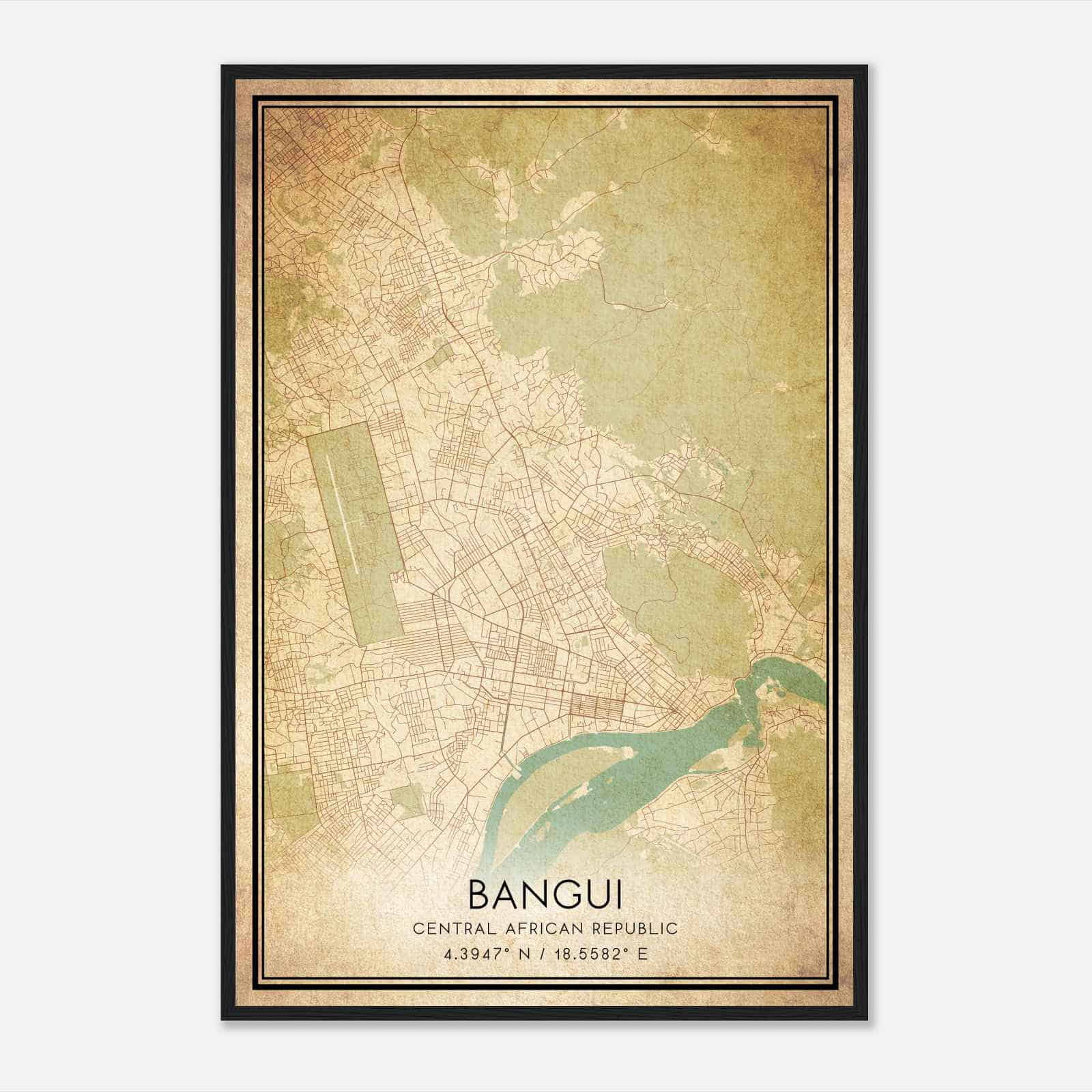 Vintage Bangui Central African Republic Map Poster, Bangui City Road Wall Art Print