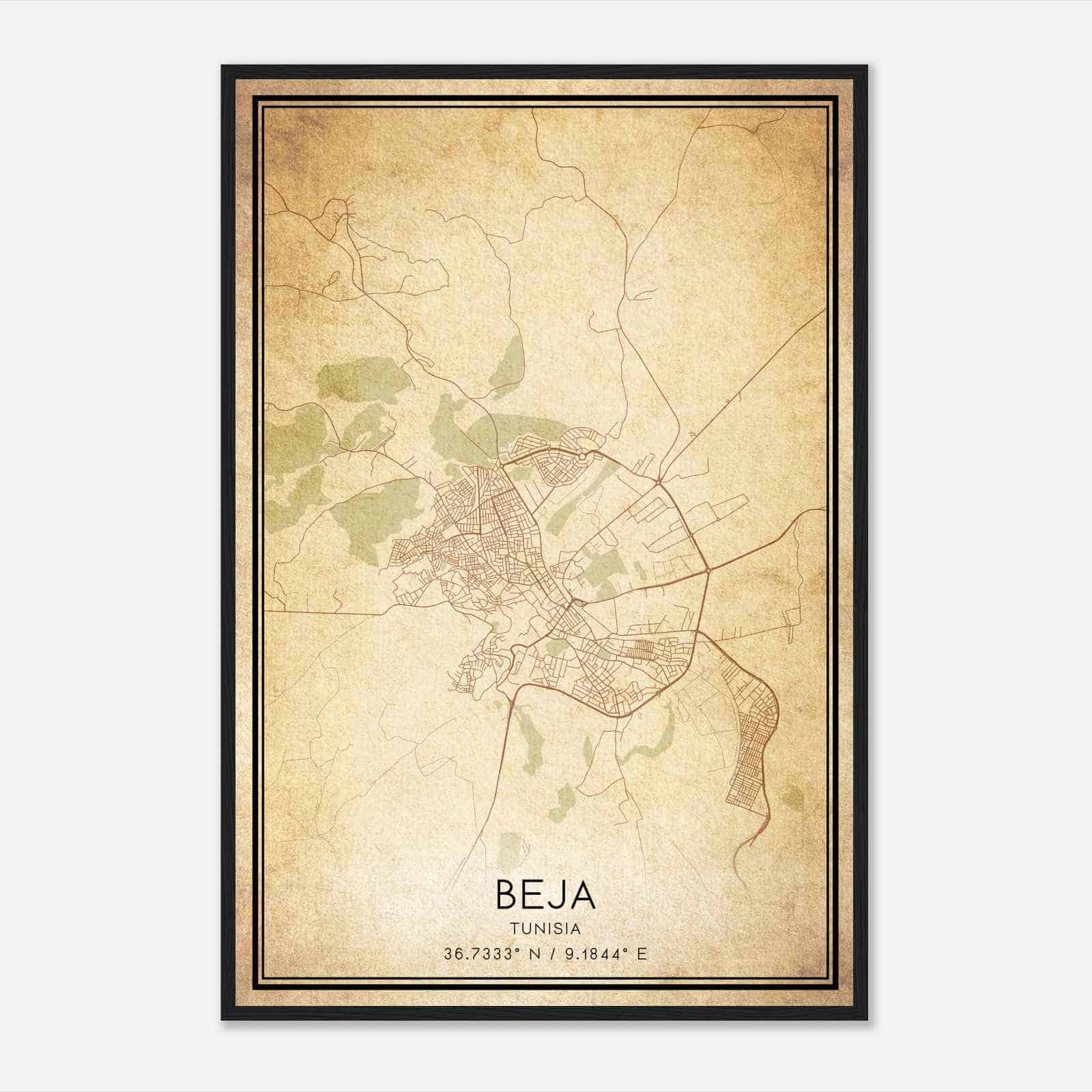 Vintage Beja Tunisia Map Poster, Beja City Road Wall Art Print