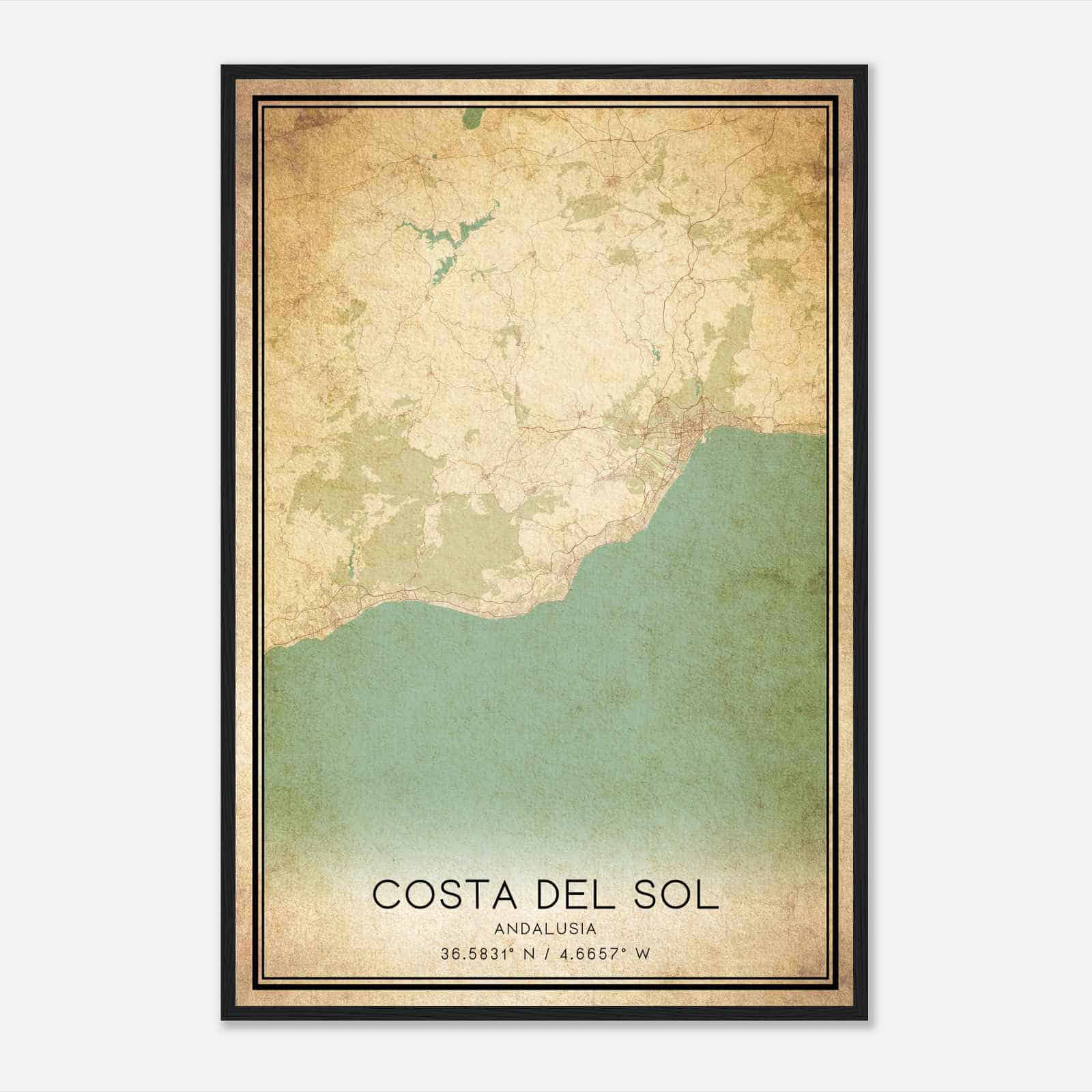 Vintage Costa del Sol Andalusia Map Poster, Costa del Sol City Road Wall Art Print