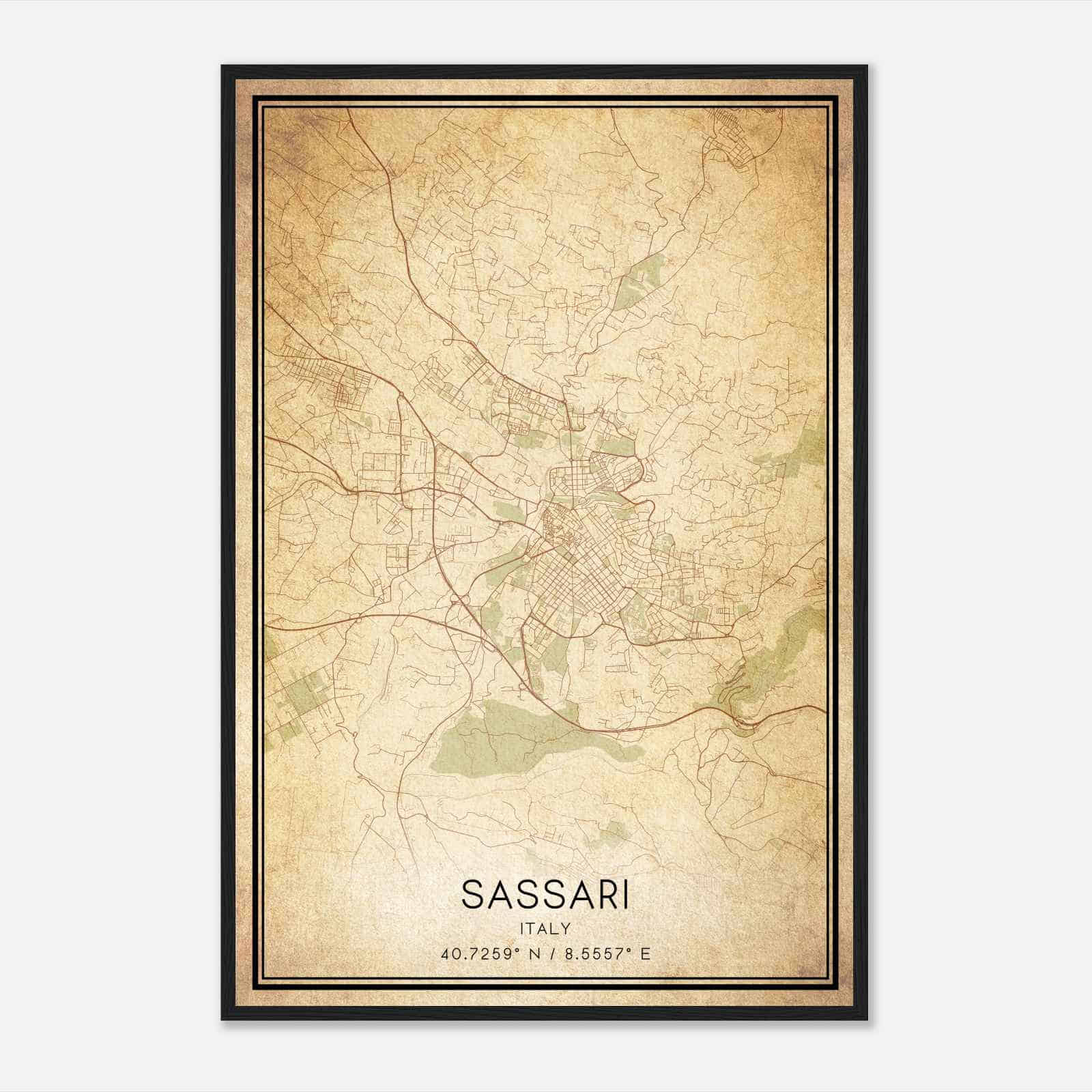 Vintage Sassari Italy Map Poster, Sassari City Road Wall Art Print