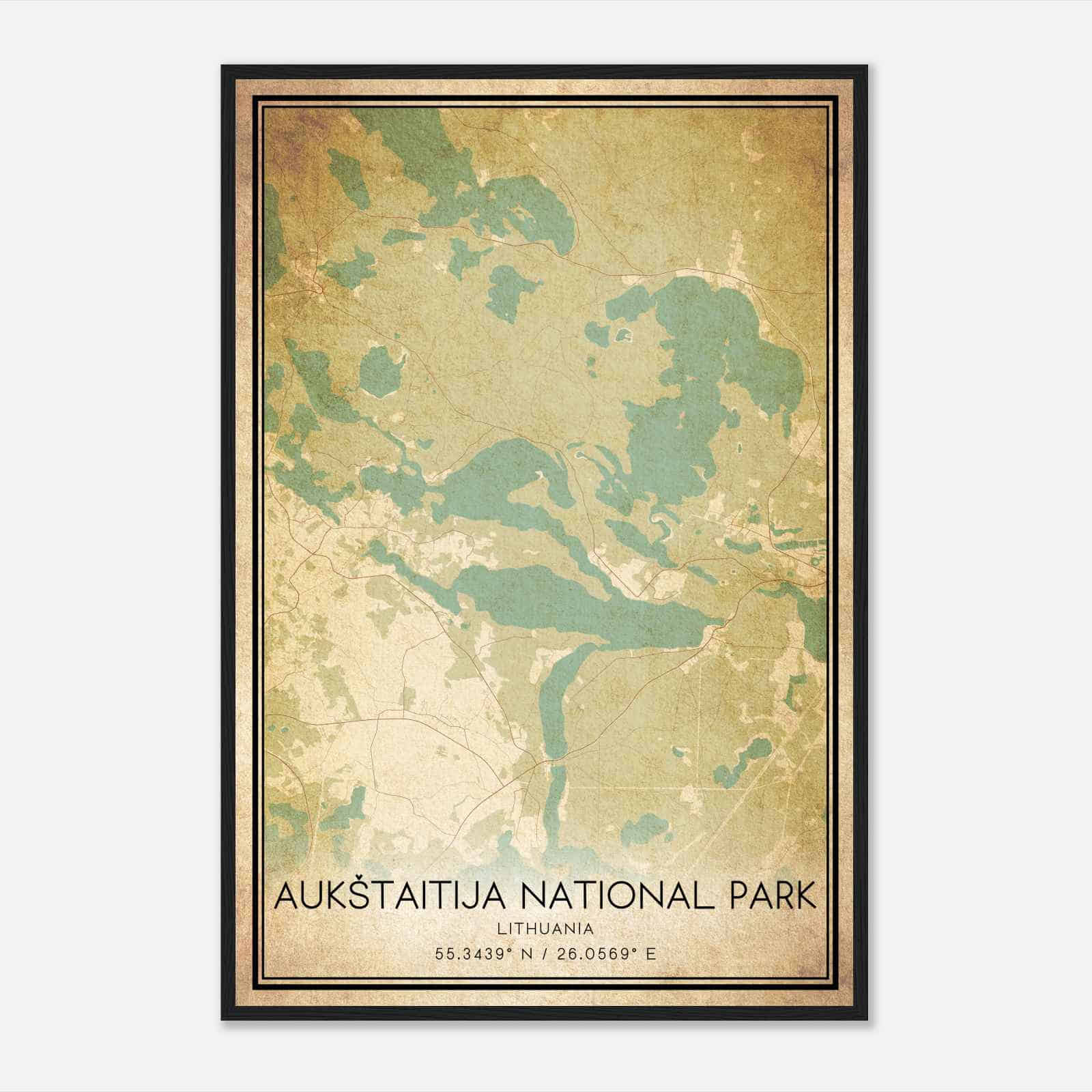 Vintage Aukstaitija National Park Lithuania Map Poster, Aukstaitija National Park City Road Wall Art Print