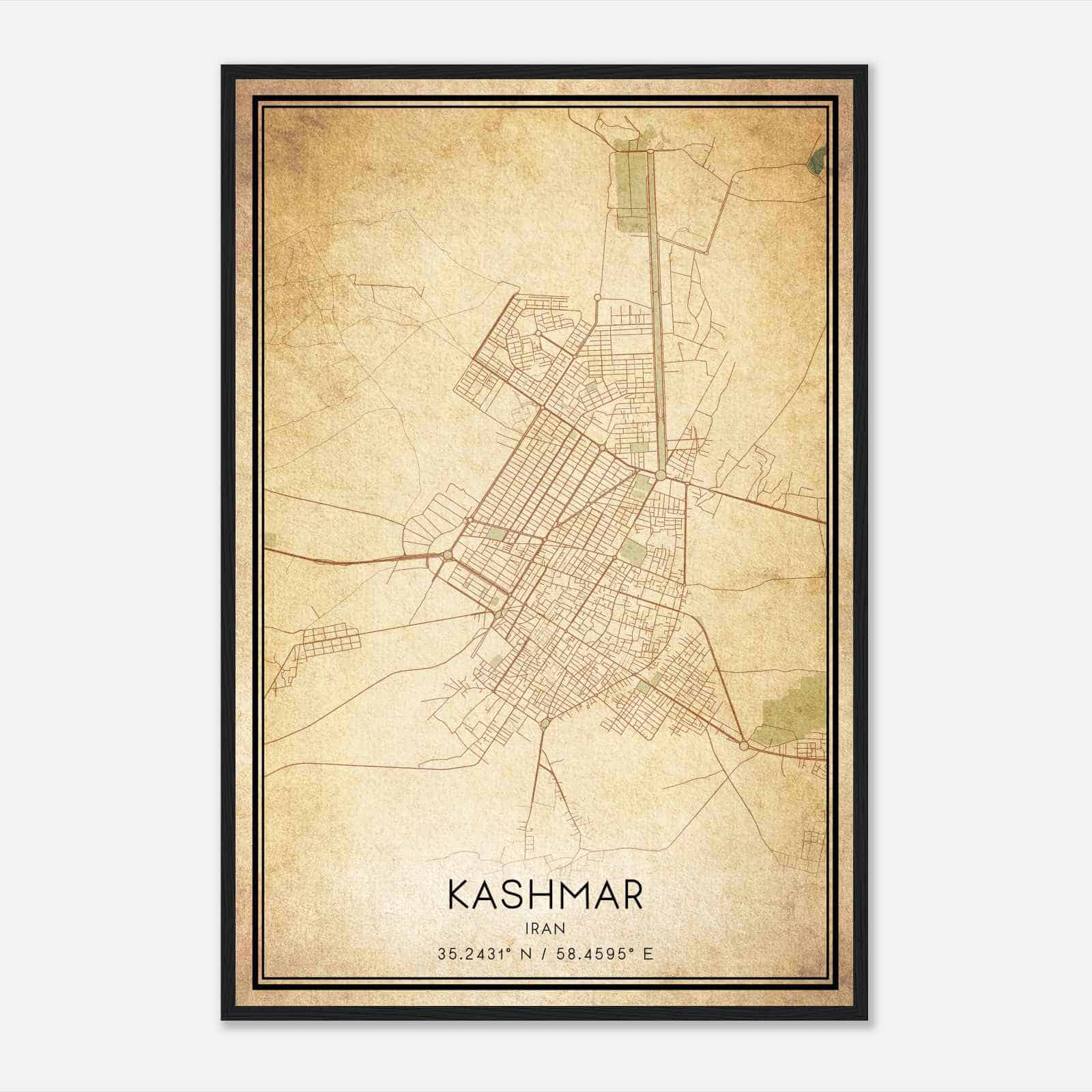Vintage Kashmar Iran Map Poster, Kashmar City Road Wall Art Print