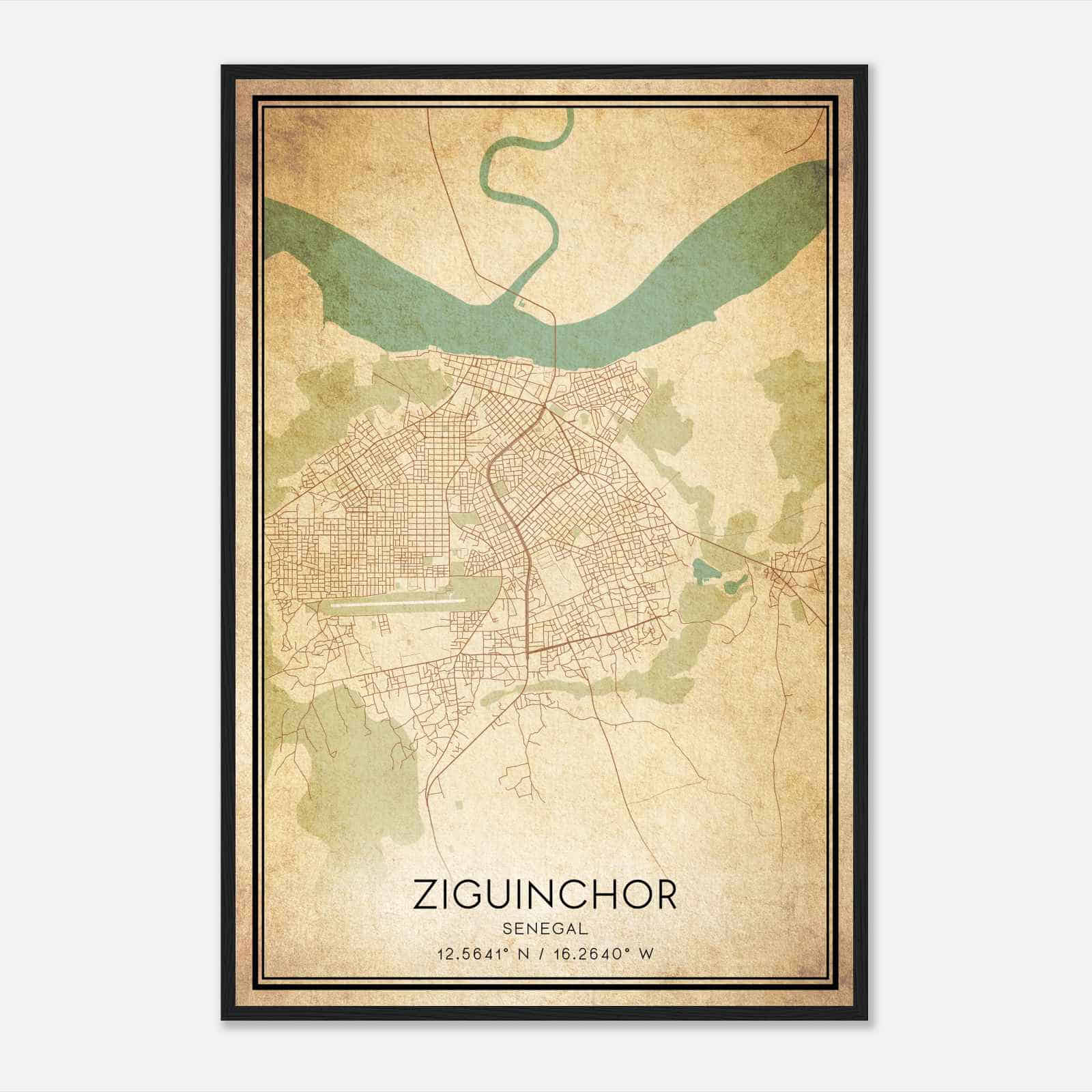 Vintage Ziguinchor Senegal Map Poster, Ziguinchor City Road Wall Art Print