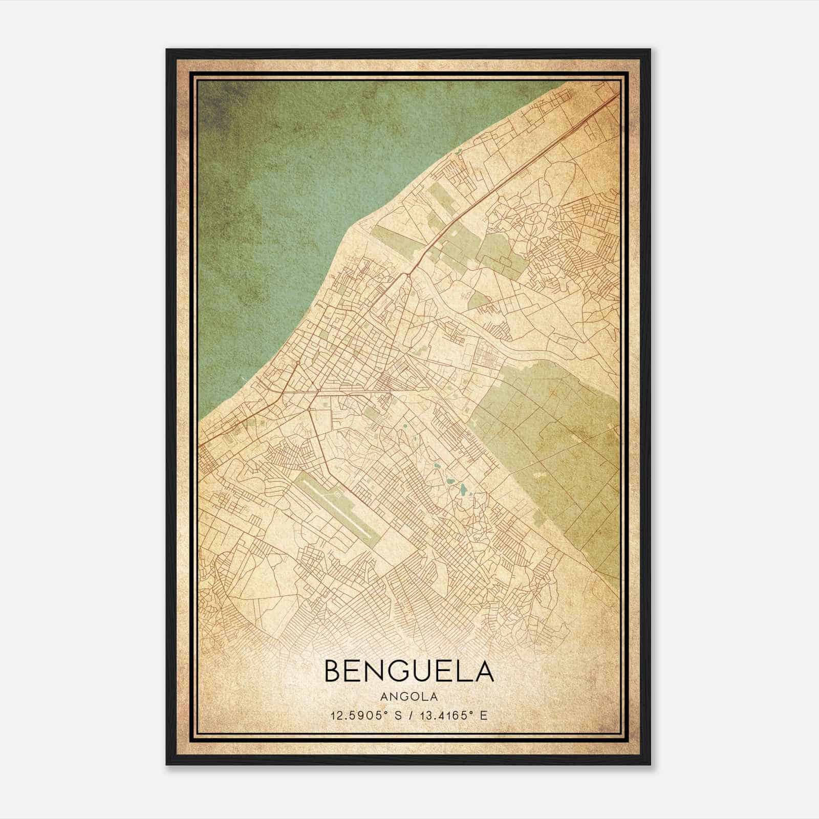 Vintage Benguela Angola Map Poster, Benguela City Road Wall Art Print