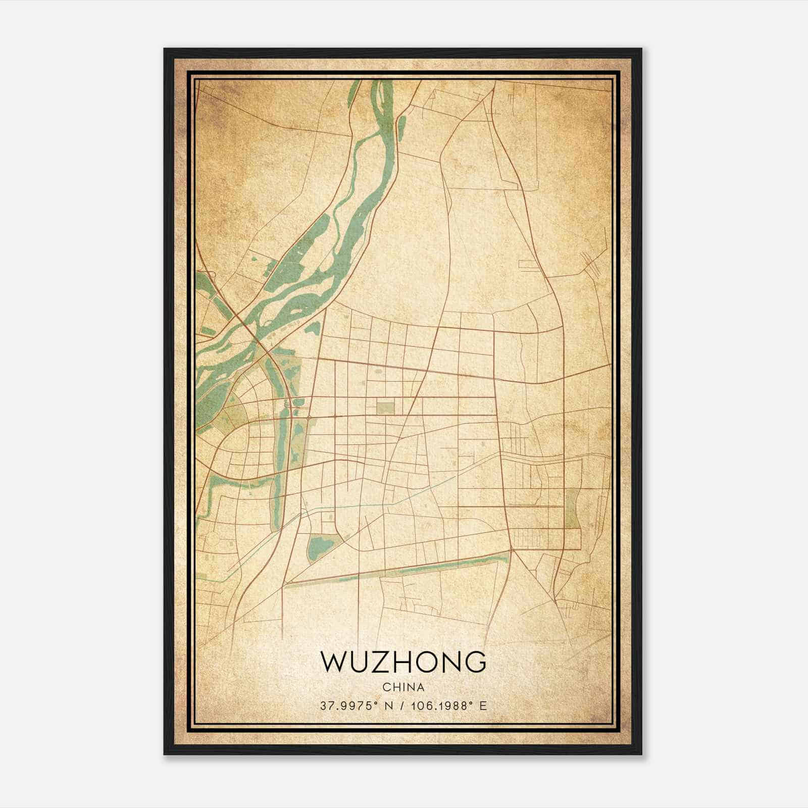 Vintage Wuzhong China Map Poster, Wuzhong City Road Wall Art Print
