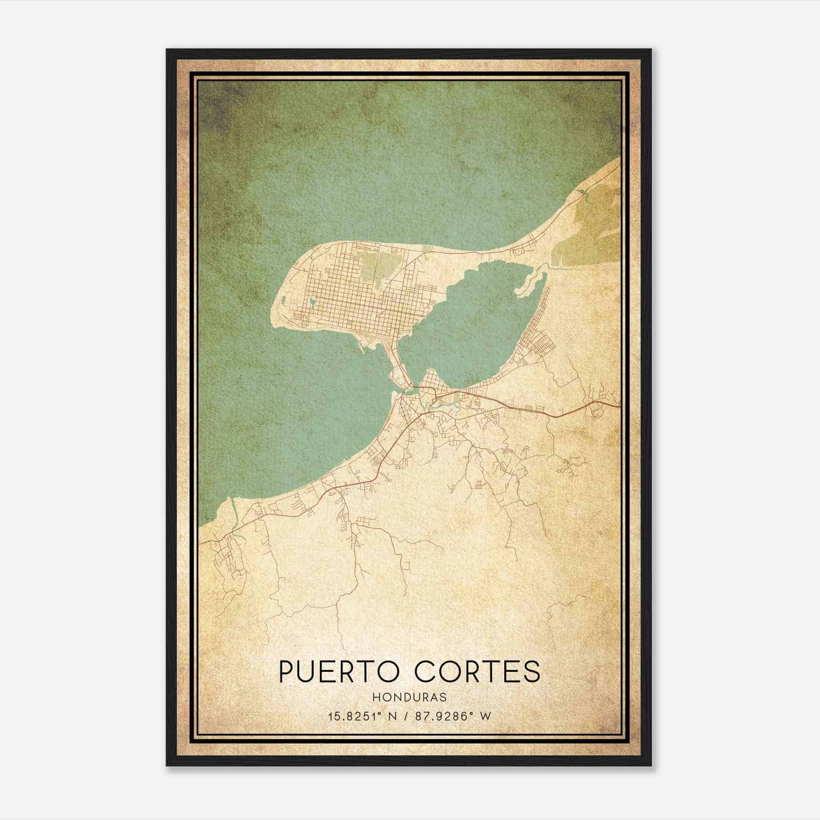 Vintage Puerto Cortes Honduras Map Poster, Puerto Cortes City Road Wall Art Print