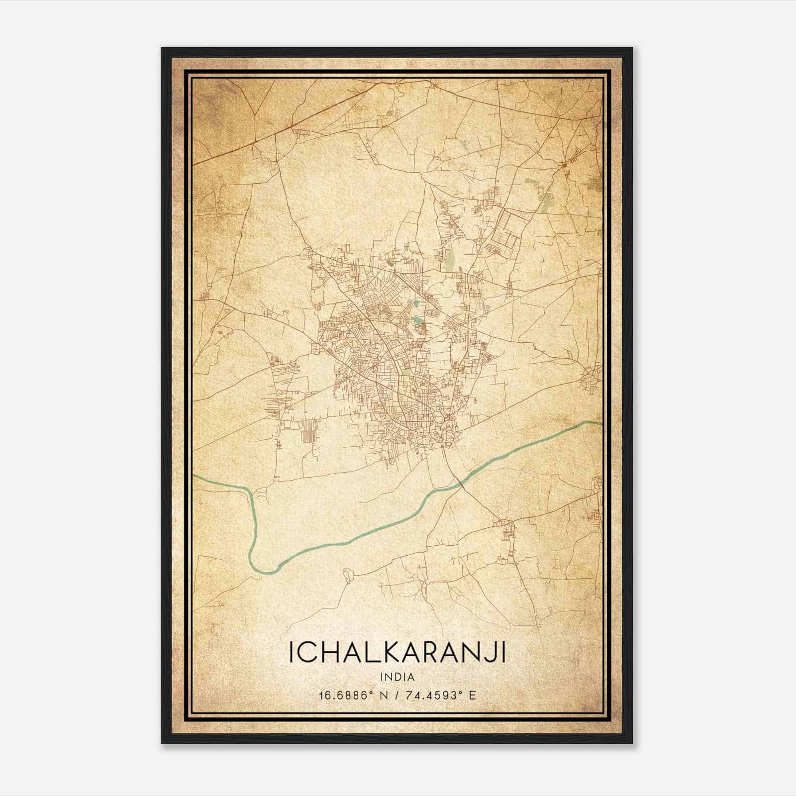Vintage Ichalkaranji India Map Poster, Ichalkaranji City Road Wall Art Print