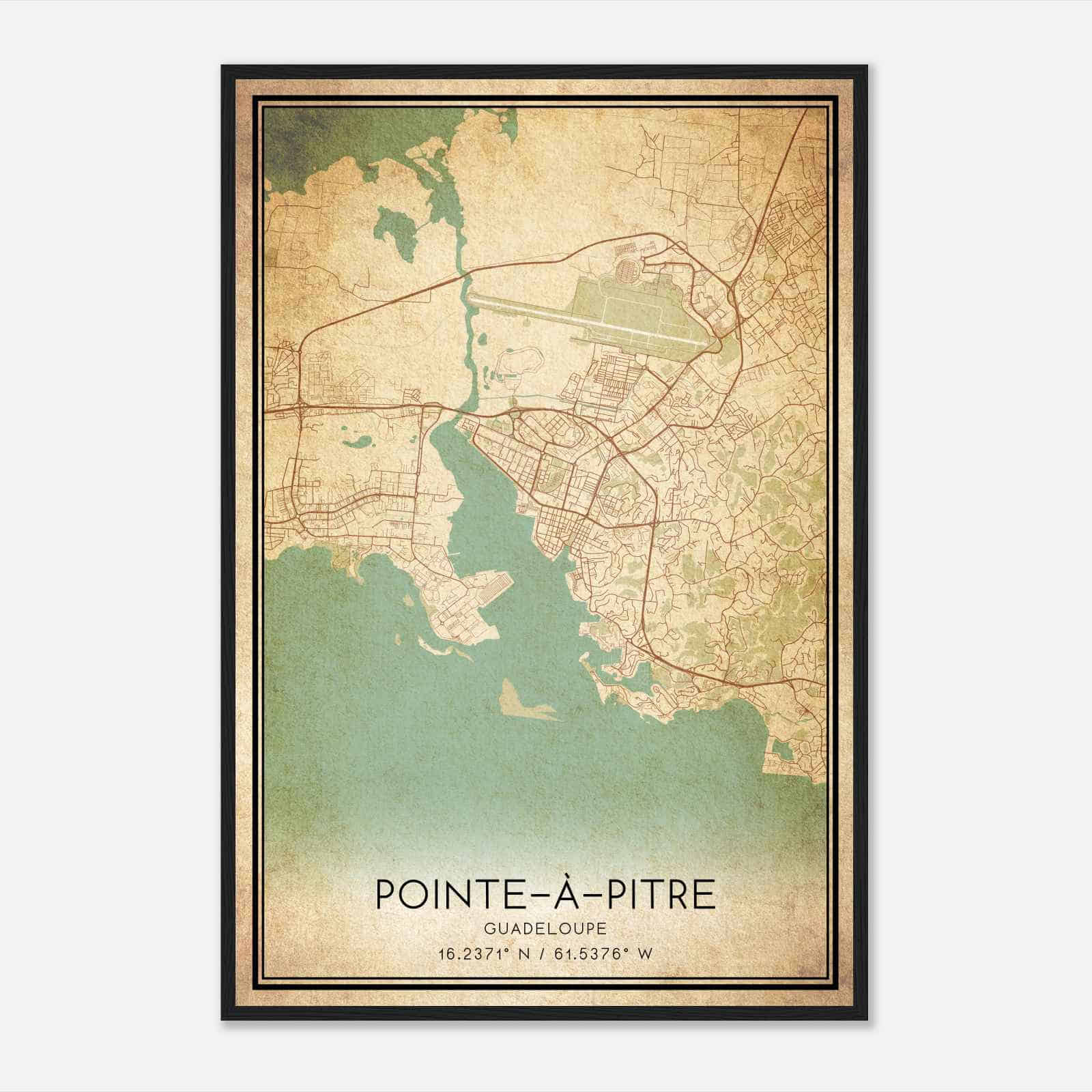 Vintage PointeaPitre Guadeloupe Map Poster, PointeaPitre City Road Wall Art Print