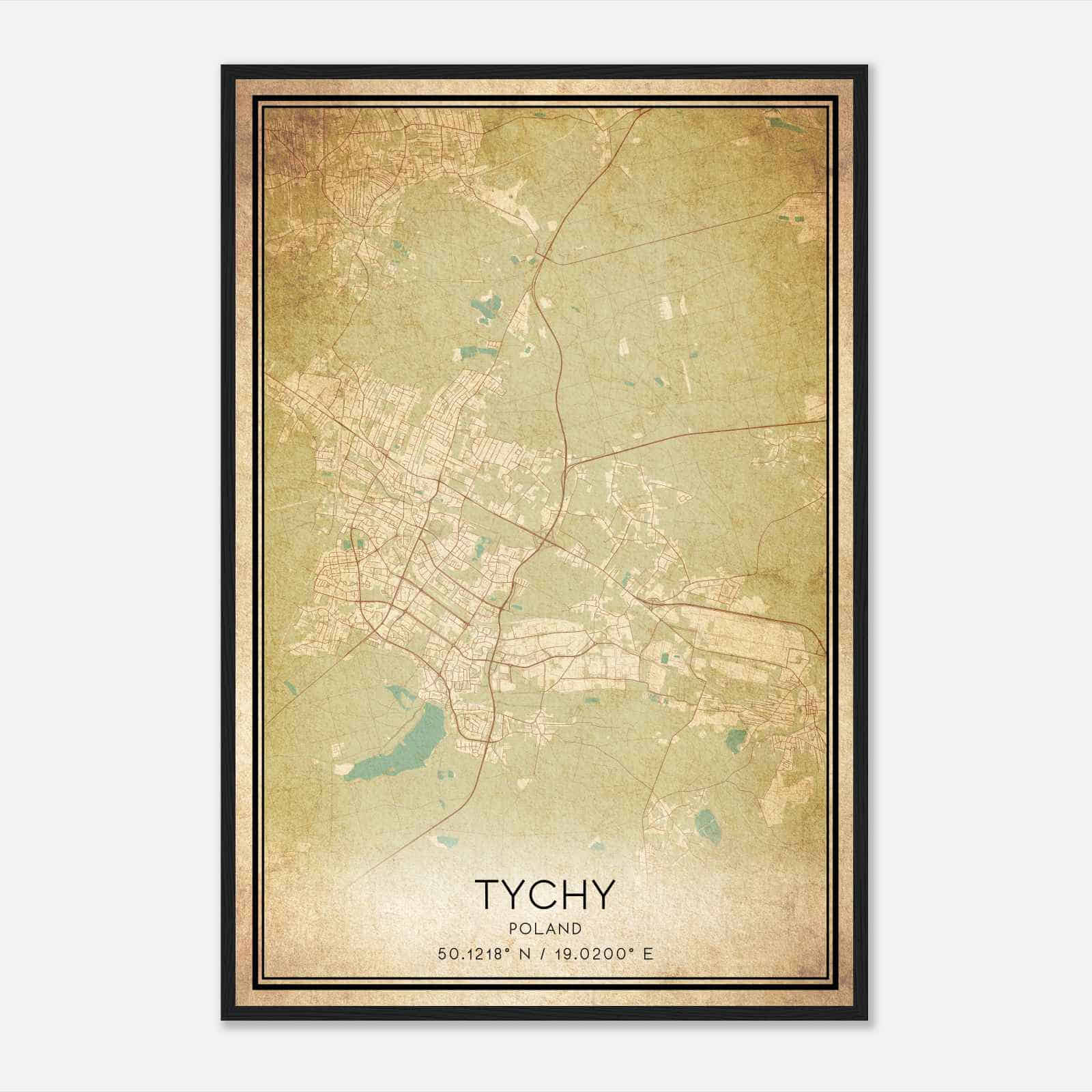 Vintage Tychy Poland Map Poster, Tychy City Road Wall Art Print