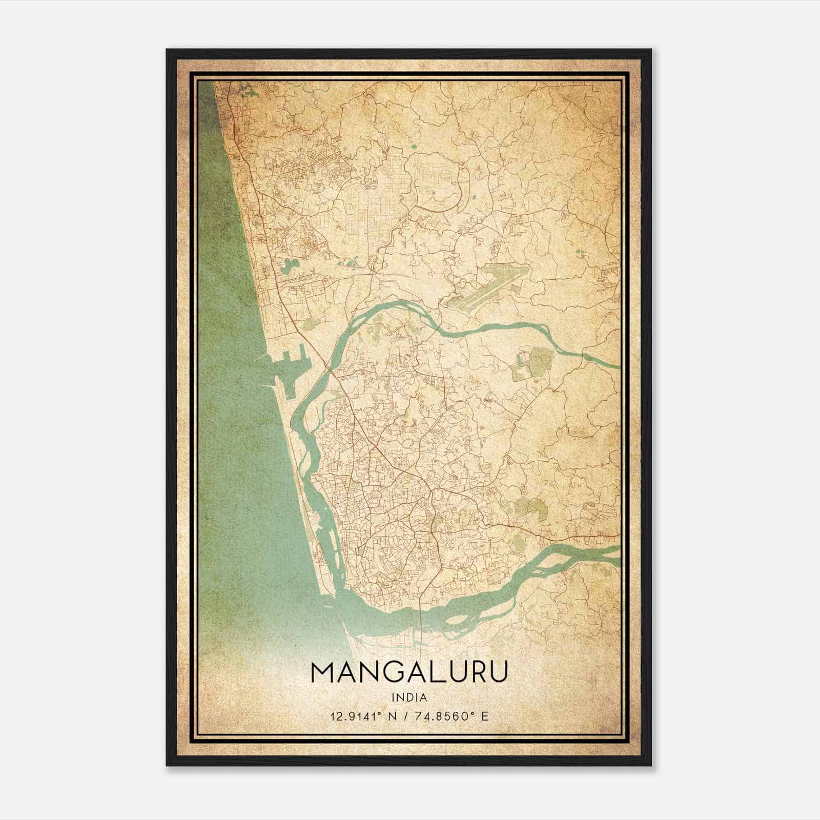 Vintage Mangaluru India Map Poster, Mangaluru City Road Wall Art Print