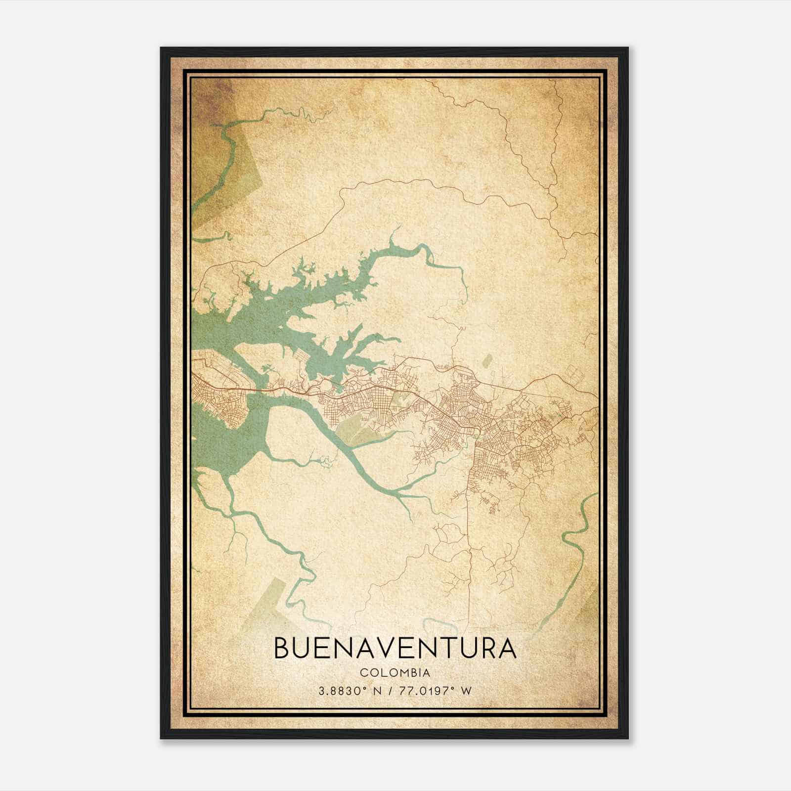 Vintage Buenaventura Colombia Map Poster, Buenaventura City Road Wall Art Print