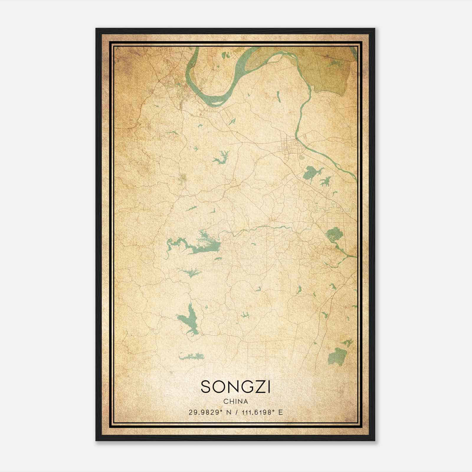 Vintage Songzi China Map Poster, Songzi City Road Wall Art Print