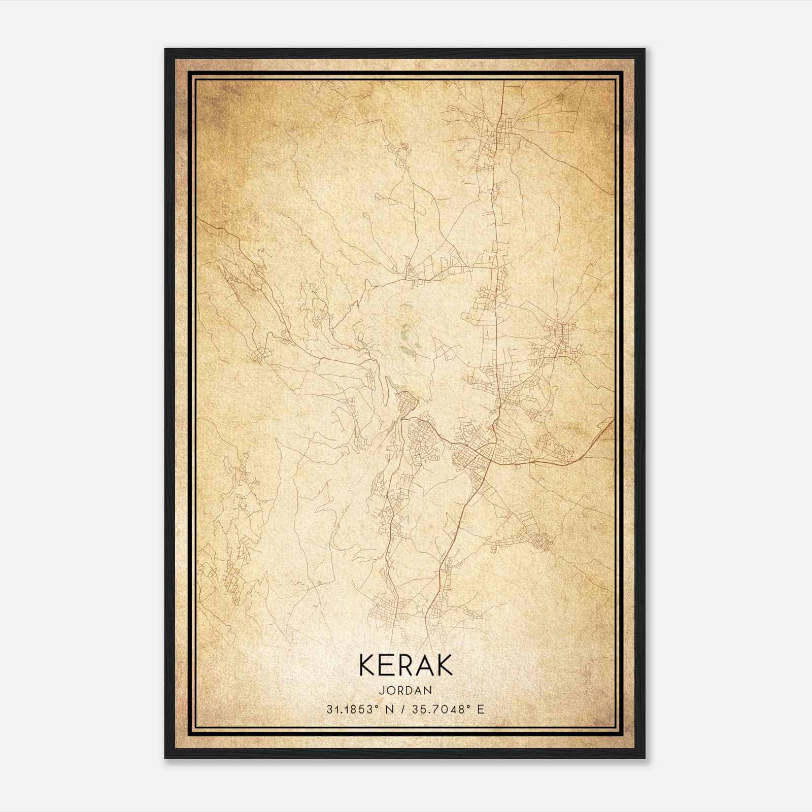 Vintage Kerak Jordan Map Poster, Kerak City Road Wall Art Print