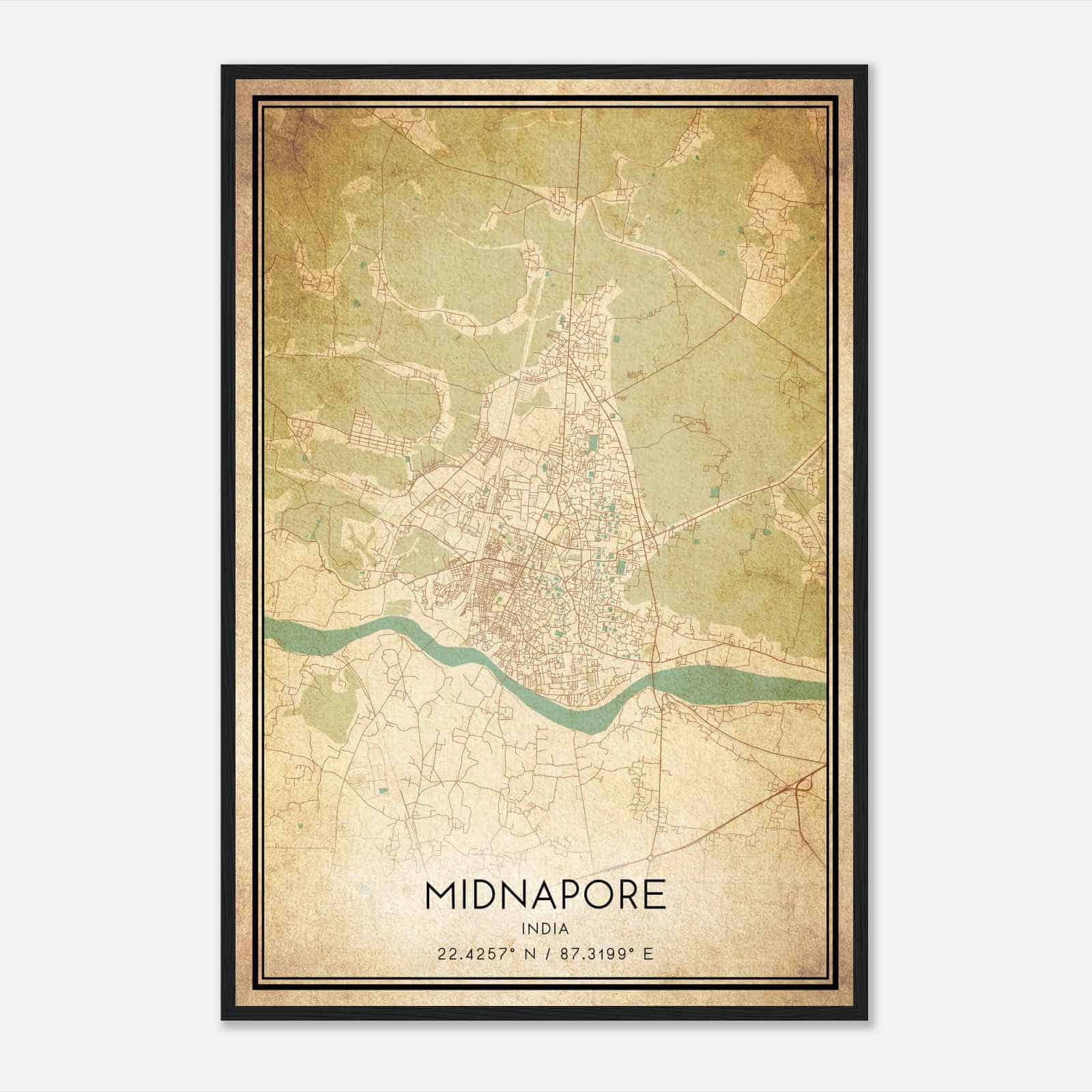 Vintage Midnapore India Map Poster, Midnapore City Road Wall Art Print